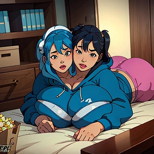 Cute two headed excessively fat gurl with blue hair laying on her stomach and breasts in form fitting sweatpants and a hoodie. She has snacks and popcorn that she is eating with one of her heads