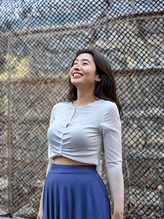 Japanese Beautiful woman smile Beauty Large Breasts Gazing into the distance Full body photography Beautiful face Standing looking up at the sky Long Hair White color frill skirt Blue mesh blouse