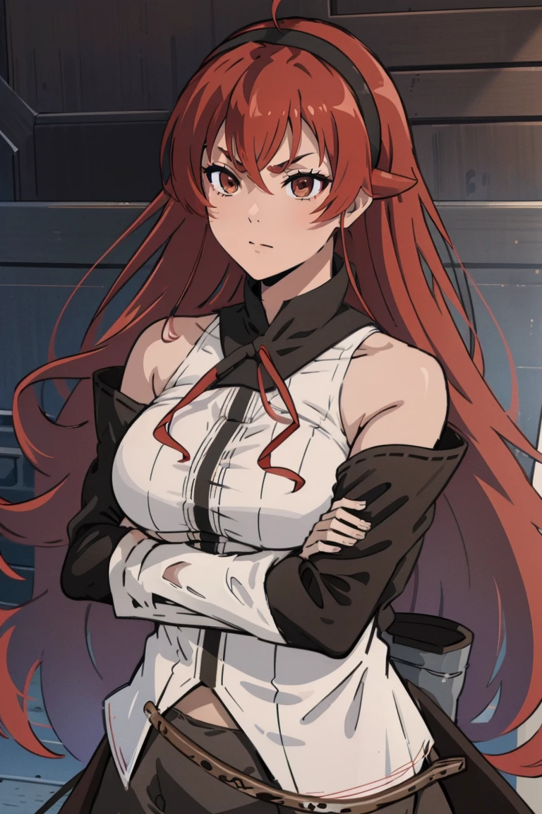 eris greyrat, 1girl, solo, long hair, ahoge, red eyes, red hair, bare shoulders,hairband, crossed arms,blush, skirt, black hairband, breasts, detached sleeves,bangs, hair between eyes, long sleeves, hair flaps, closed mouth, black skirt, brown skirt, shirt, crossed bangs, very long hair, white shirt,biwm,pointing at self,shouting,angry, 