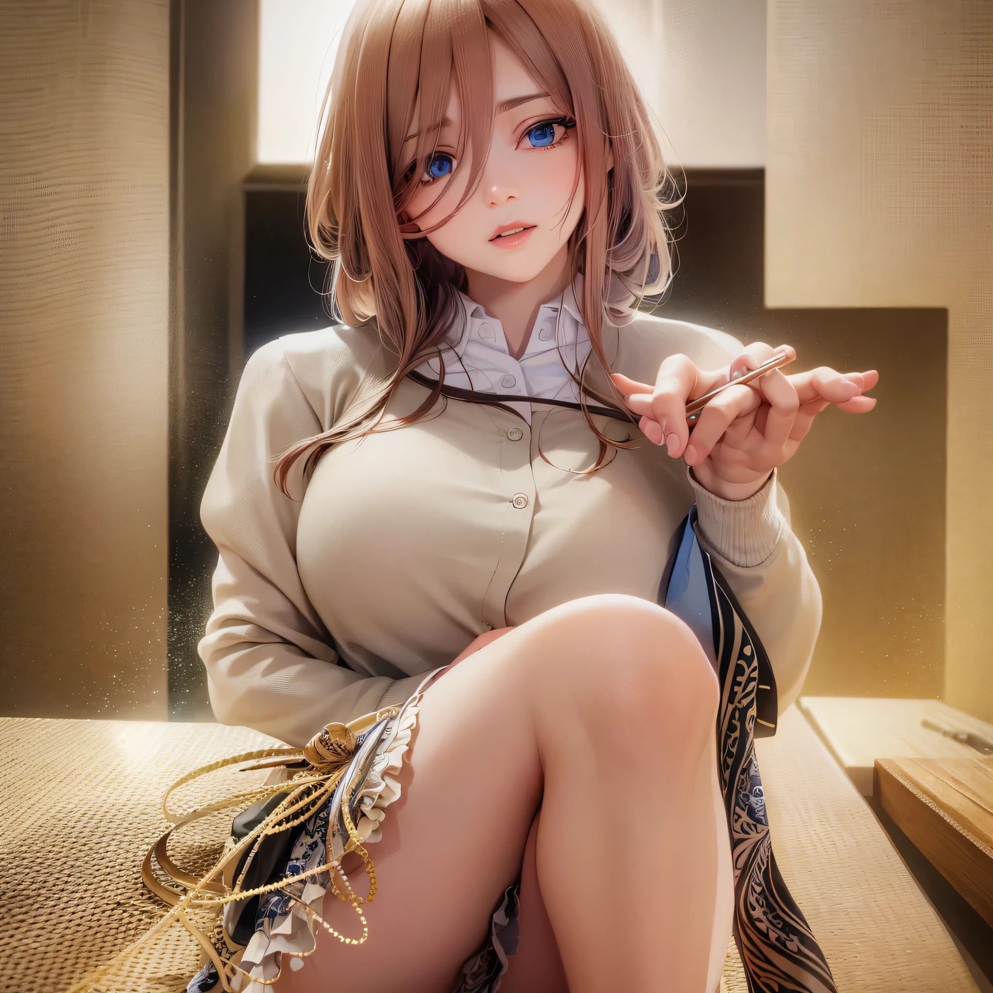 (best quality:1.2,masterpiece:1.2),solely,1girl,serious,beautiful detailed eyes,beautiful detailed lips,extremely detailed eyes and face,long eyelashes,Miku Nakano,looking at the viewer,hand on face,sitting,crossed legs,button-up shirt,tied-up skirt,stockings,thick thighs,big breasts,illustration,ultra-detailed,realistic:1.37,professional,portrait,vivid colors,soft lighting