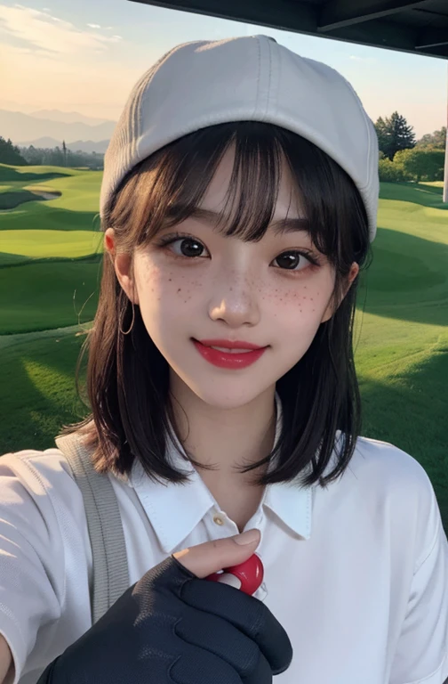 1 girl, 23 years old, south korean, idol, masterpiece, perfect face, soft skin, freckles under eyes, short whavy brown hair, bowlcut hair, golfing cap, golf gloves, shining bright purple eyes, red eyeliners, red lips, big smile, closed mouth, touching cheeck, natural makeup, soft lighting, bright colors, sunset background, face focus, face closeup.