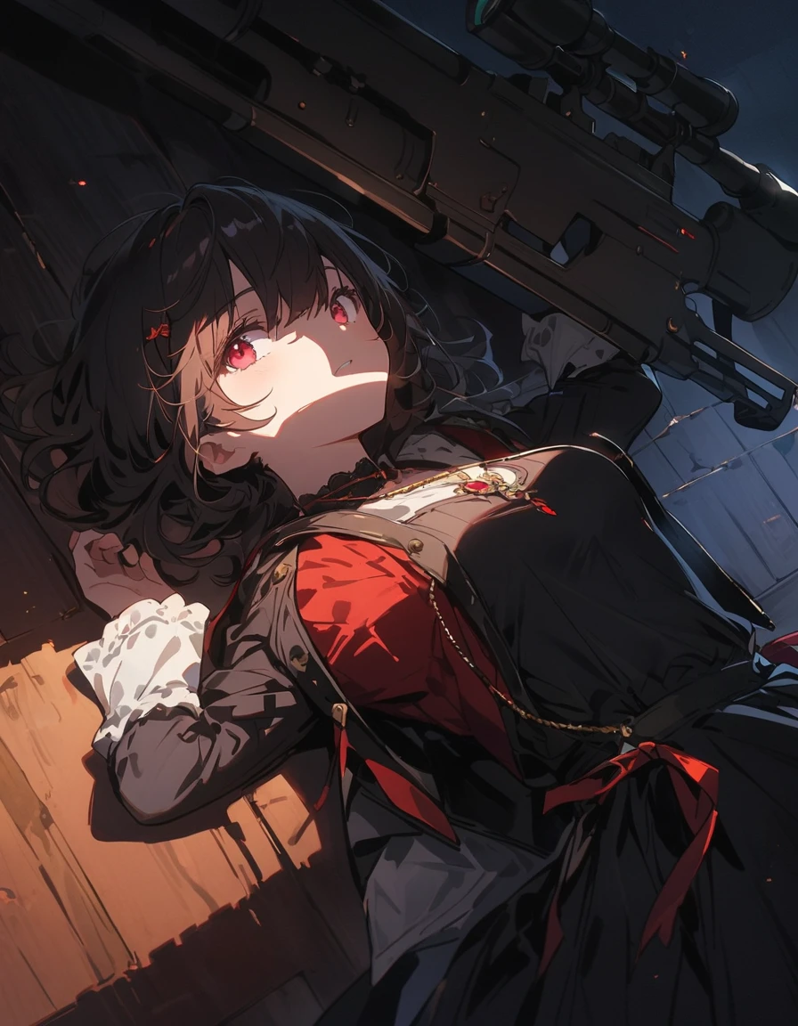 2D, masterpiece, highest quality, anime, 非常にdetailedな顔, 非常にdetailedな目, 非常にdetailedな背景, Perfect lighting, One girl, alone, whole body, Lying face down, looking through the scope lens, Latex Legwear, Cool black outfit, Redhead, Amulets、Rooftop、(sniper rifle、Sniper at a distance) 、(highest quality、masterpiece、High resolution、detailed)、animeスタイル、Flat Style、(Shining Eyes、detailed美しい顔),  BREAK,1 girl、extremely detailed(The Shining), Best lighting, Best Shadow、High saturation、Dynamic Angle、anime