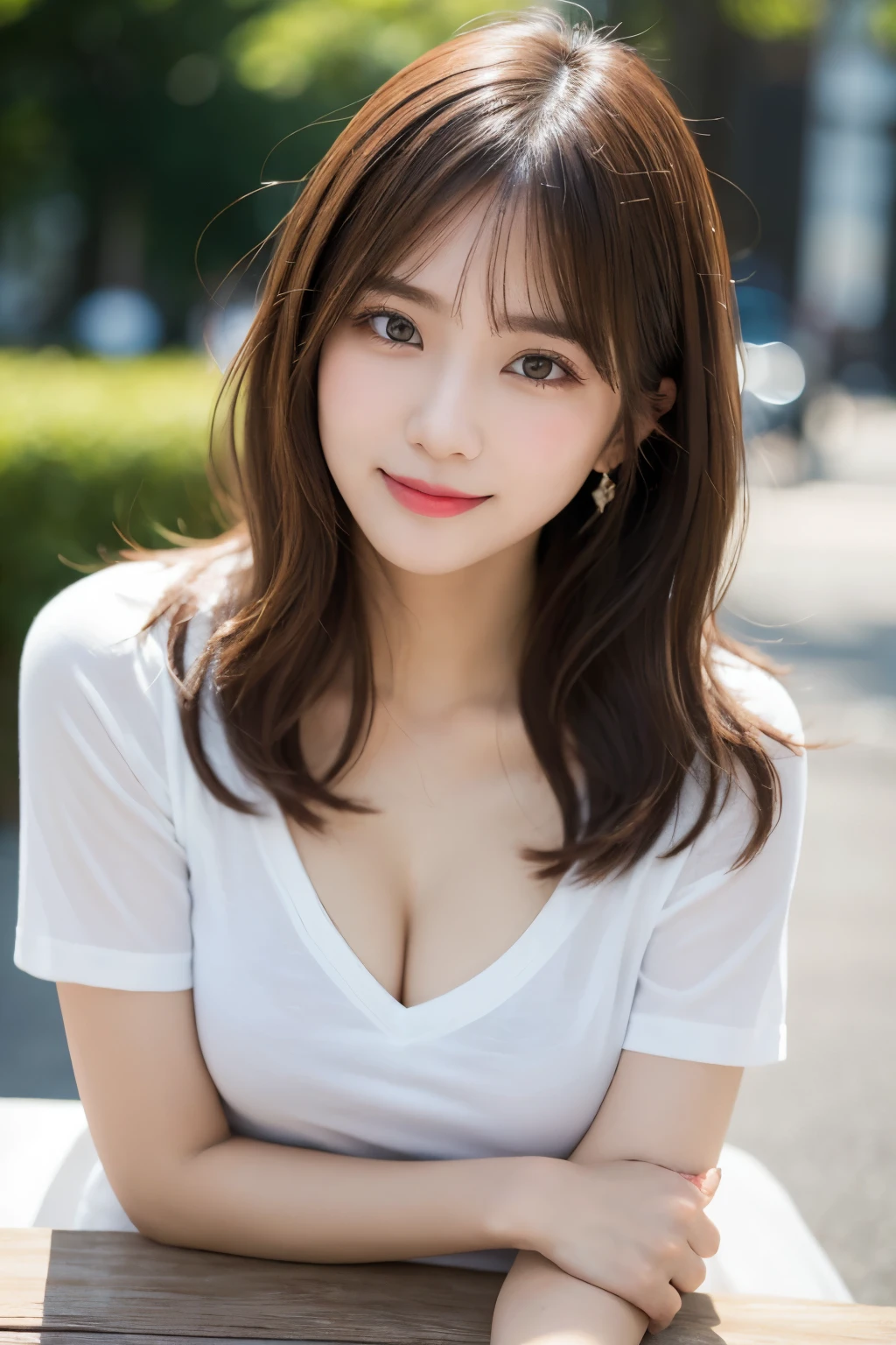 Tabletop, highest quality, figure, Very detailed, In detail, High resolution, 8k wallpaper, Perfect dynamic composition, Beautiful fine details, Women's Fashion Summer,Medium Hair,small breast natural color lip, Bold sexy pose,smile,Harajuku、30-year-old woman、cute、sexy shot looking at camera