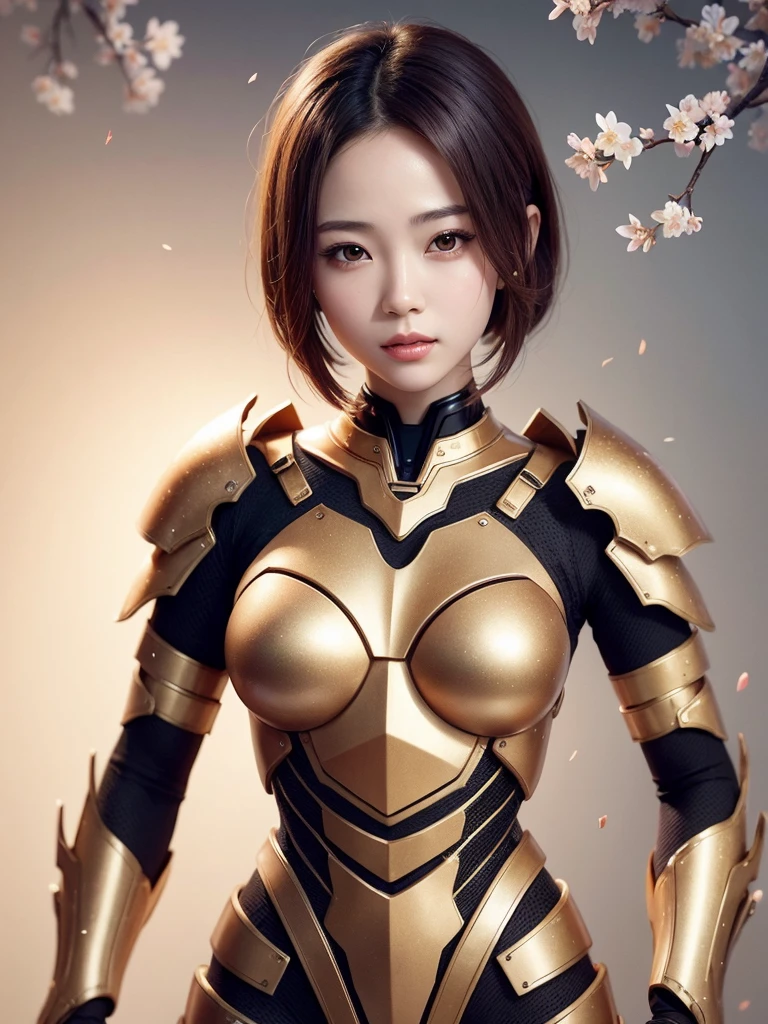 beautiful japanese young woman, wearing cyborg armor made of honey, thick symmetrical features, very short hair, background is cherry blossoms, pink aura, red lips, octane render,