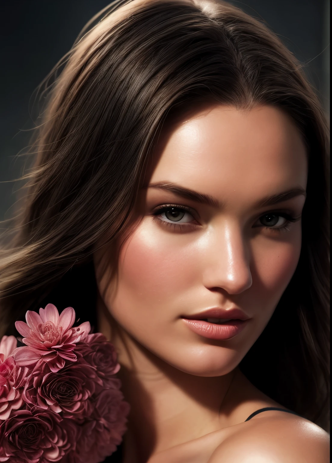 analogue style, woman, delicate face with flower by Rachel Welch, Candice Swanepoel, head and shoulders portrait, 8k resolution concept art portrait by Greg Rutkowski, Artgerm, WLOP, Alphonse Mucha dynamic lighting hyper-detailed intricately detailed splash art color trend Artstation Unreal Triads Engine 5 Volumetric Lighting
