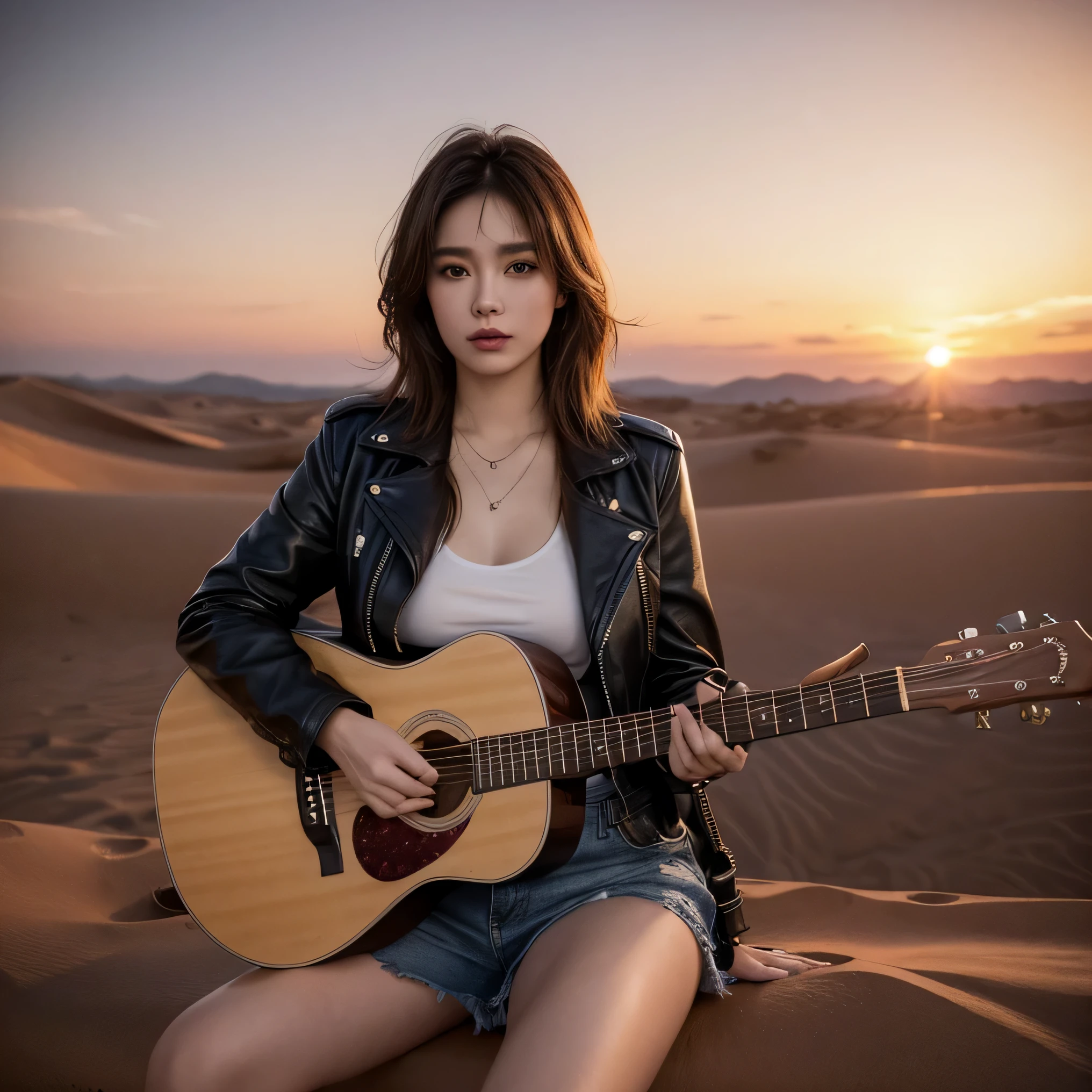 8k, top-quality, (pubic hair beauty)、hight resolution, lifelike, realperson, cinematic lighting soft lighting、A musician wearing a leather jacket is sitting and glaring at me.、a beauty girl、huge tit、beauty legs、guitar, sitting on a huge dessert dune valley at sunset,