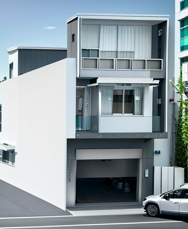 a rendering of a modern apartment building with a car parked in front, precise architectural rendering, architectural render, high quality rendering, architectural 3 d render, architectural rendering, professional render, overall architectural design, wide angle exterior 2022, all white render, freddy mamani silvestre facade, inter dimensional villa, exterior design, detailed rendering, architecture render, quality rendering