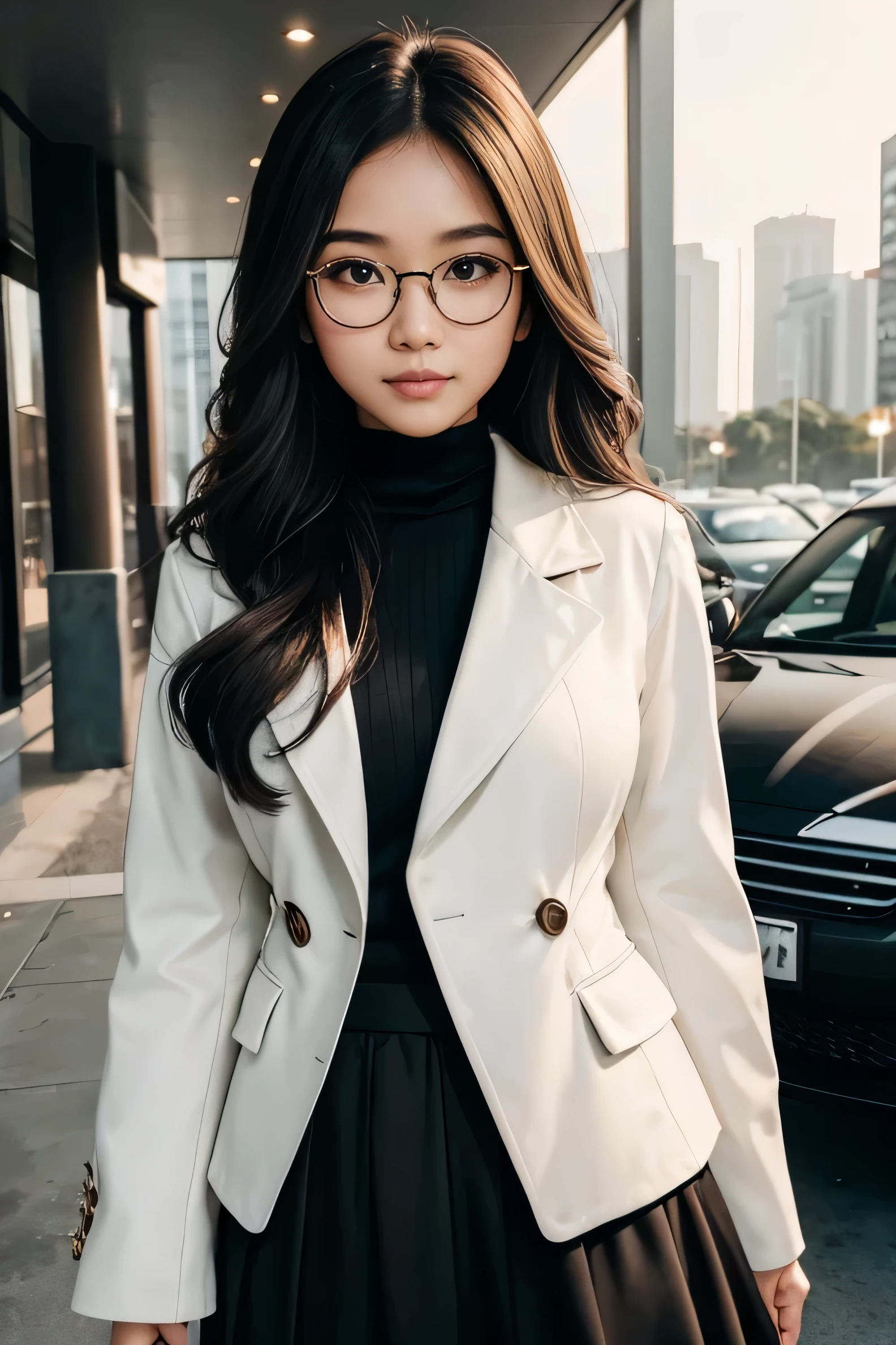 detailed face of half  body photo. 25 year old Indonesian girl with a sweet  face,  large breast  round face and long brown wavy hair, round glasses, wearing a black turtle neck inner and in a white coat Take a photo in the parking lot of a luxury building with a sexy and seductive pose and low light lighting, take a photo show of her black cutton long  skirt
