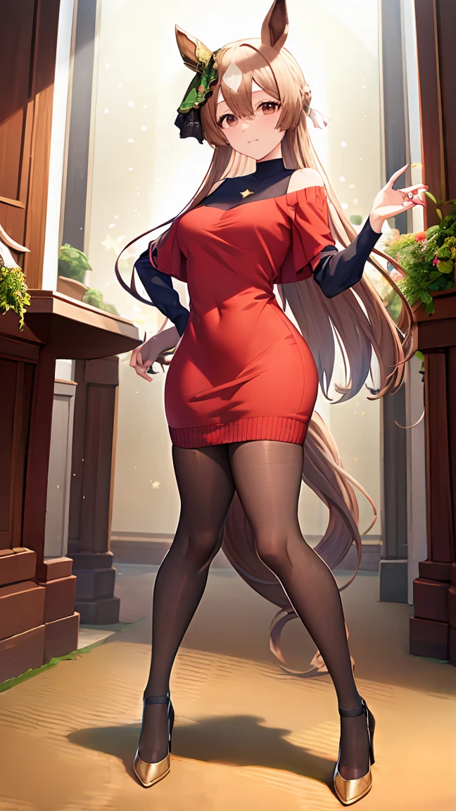Satono Diamond\(umamusume\), highest quality、masterpiece、Ultra-high resolution、
Five Fingers, Perfect Face, Beautiful fine details, Beautiful body, Beautiful thighs, Beautiful feet, White beautiful skin, 
Red manicure、(Dark blue high neck sweater dress、Black Pantyhose、Black high heels)、
smile、Face towards the viewer、可愛い顔と魅惑的なsmile、(whole body、Are standing)

