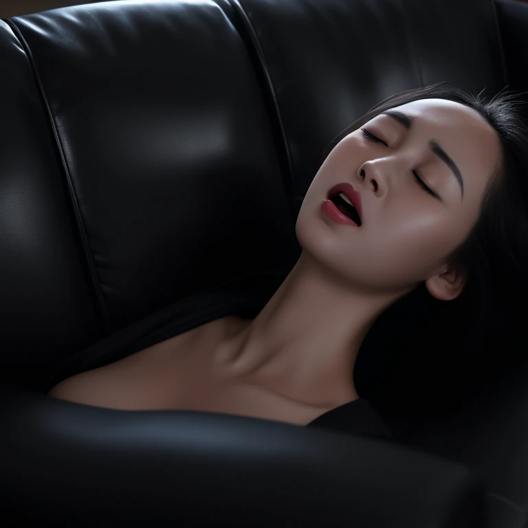 Masterpiece extreme realistic, 1 girl, perfect body, wearing black, furrowed eyebrows, closing eyes, open mouth, face facing upwards, lying on the black wet sofa, night, dim light, shot by professional DSLR camera, cinematic, top view