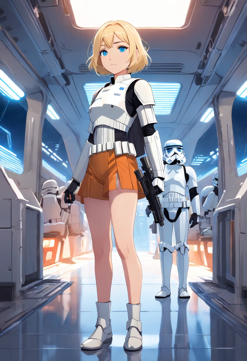 17 years old Women, ((Blonde)), ((Blue eyes)), ((Short hair)), ((Full Body)), in imperial cruiser using a full body ((stormtrooper)) costume