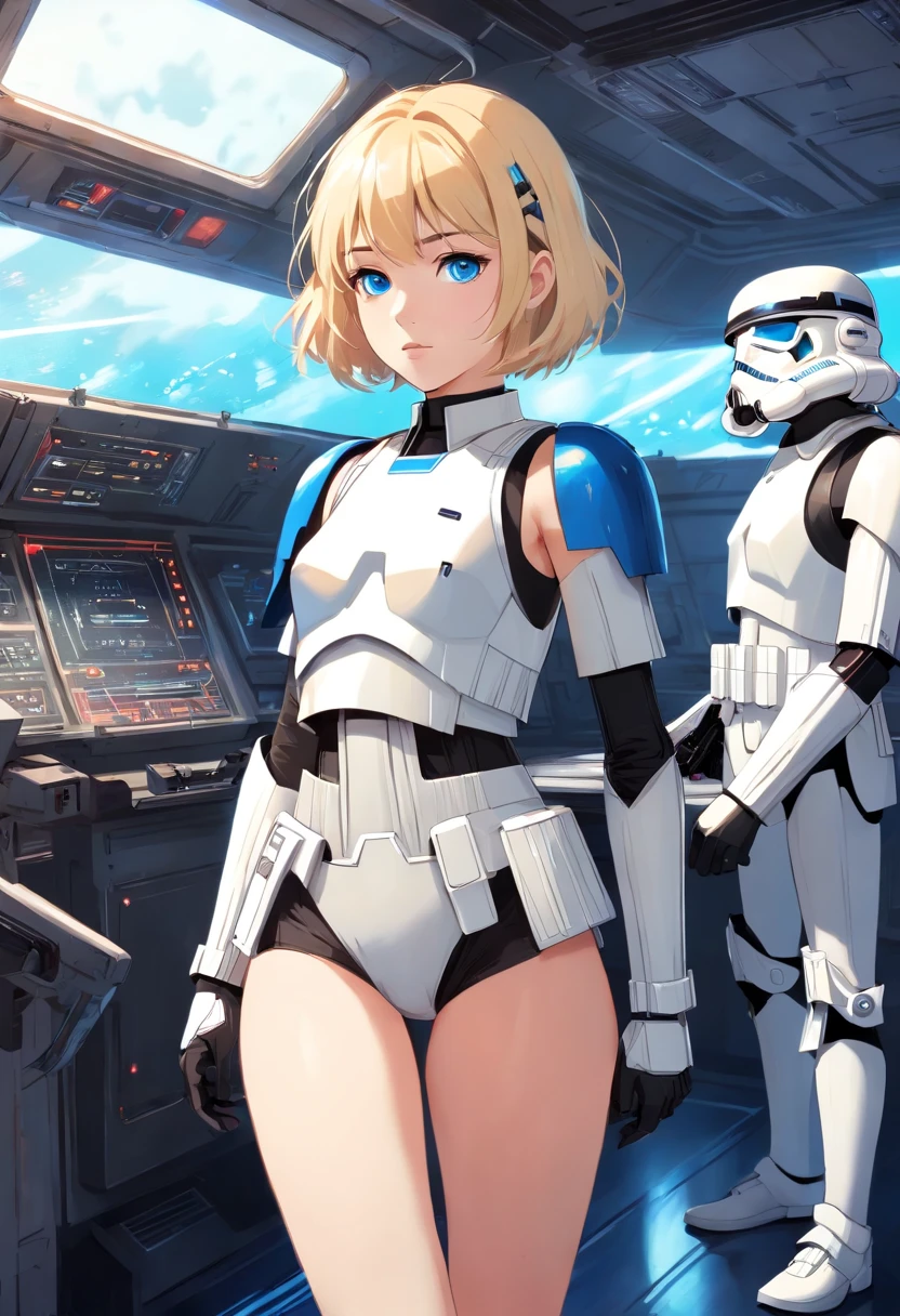 Women, ((Blonde)), ((Blue eyes)), ((Short hair)), ((Full Body)), in imperial cruiser using a full body ((stormtrooper)) costume
