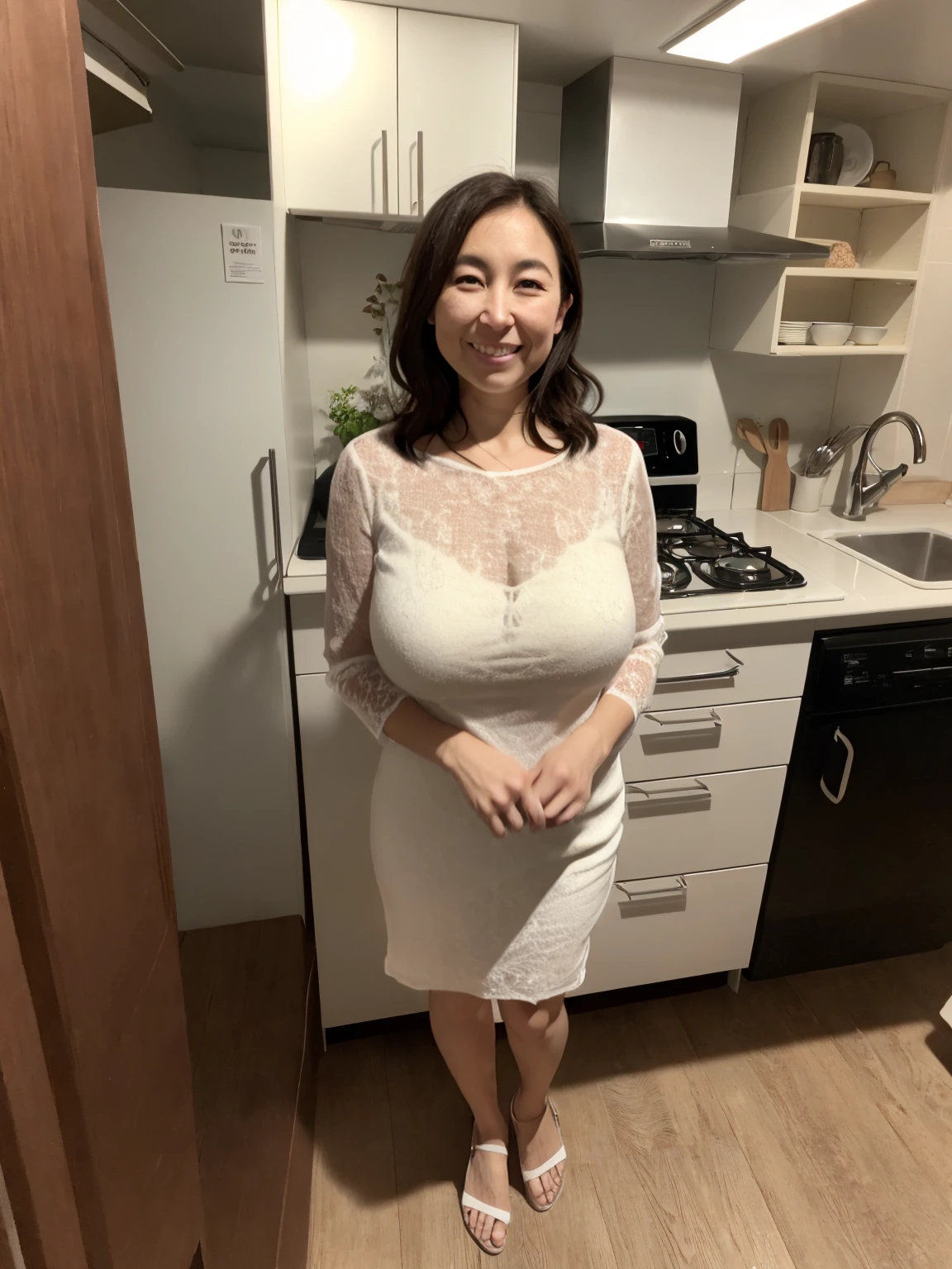 ((50 year old mature woman:1.5)),Wrinkles around the eyes,Japanese women、sexy,Fine skin、Star Piece、Beautiful breasts High quality、Perfect Sentence、so beautiful、High resolution face、Light makeup、Beautiful ass high quality、Glowing Beautiful Skin、Glowing Beautiful Skin step piece、Transparent beauty、Realistic、smile、Looking at the camera、Whitening skin、maStar Piece、Wavy Hair、Girlfriend、(sexyな下着姿)、(Large Breasts)、Thin and beautiful legs、(Slender)、Standing in the kitchen