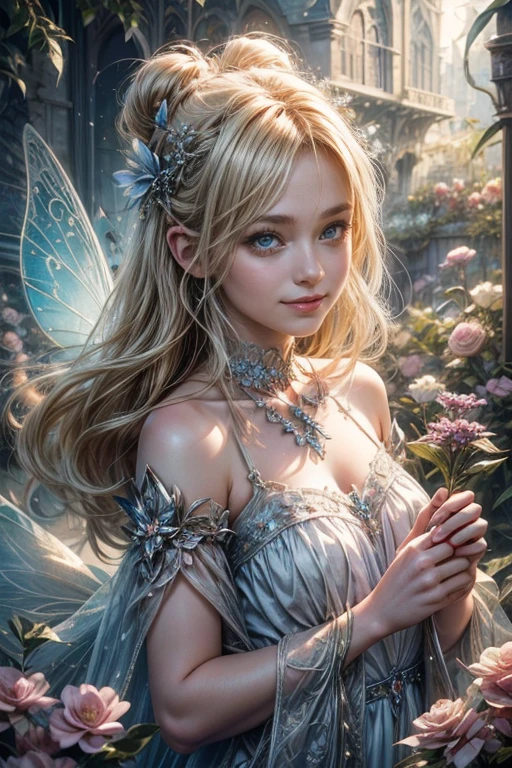 "Beautiful and cute fairy girl, Smiling、Little fairies help her with her fairy flower shop , Blonde Long Hair、Blue Eyes、White skasy , Mysterious , Realistic photos , Attention to detail , Digital Painting , Cinematic , wonderful , Surreal , Sharp focus , High resolution 8K , Insane Details"