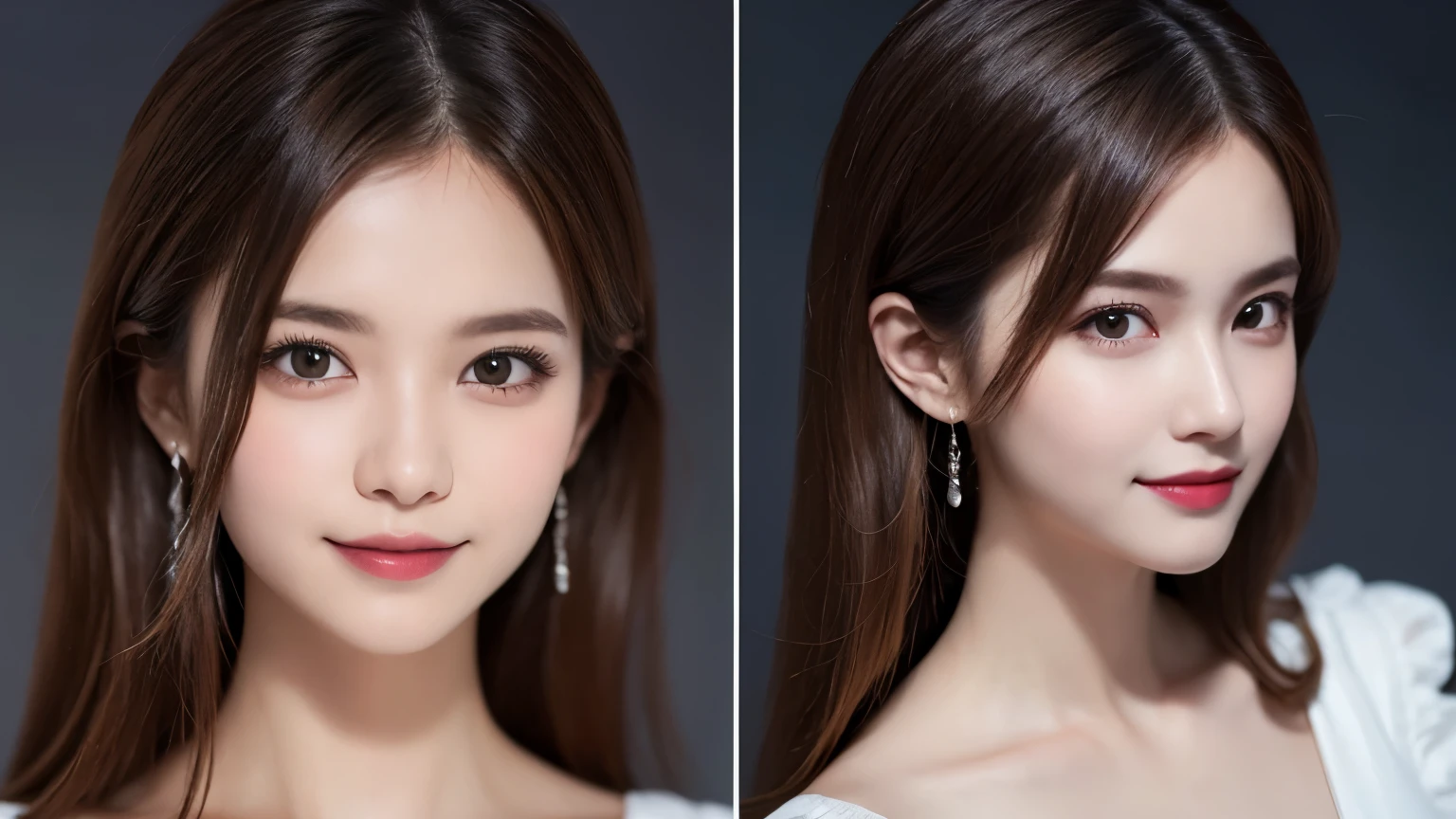 One Girl, (Dress in trendy fashion:1.2), (RAW Photos, highest quality), (Realistic, Photorealistic:1.4), Tabletop, Very delicate and beautiful, Very detailed, 2k wallpaper, wonderful, In detail, Very detailedな CG Unity 8K 壁紙, Very detailedな, High resolution, Soft Light, Beautiful detailed girl, looking at the camera、Very detailedな目と顔, Beautifully detailed nose, Beautiful fine details, Long Hair, small, Navy blue dress、White background、Background is white、Cinema Lighting, Perfect Anatomy, Slender body, smile, 