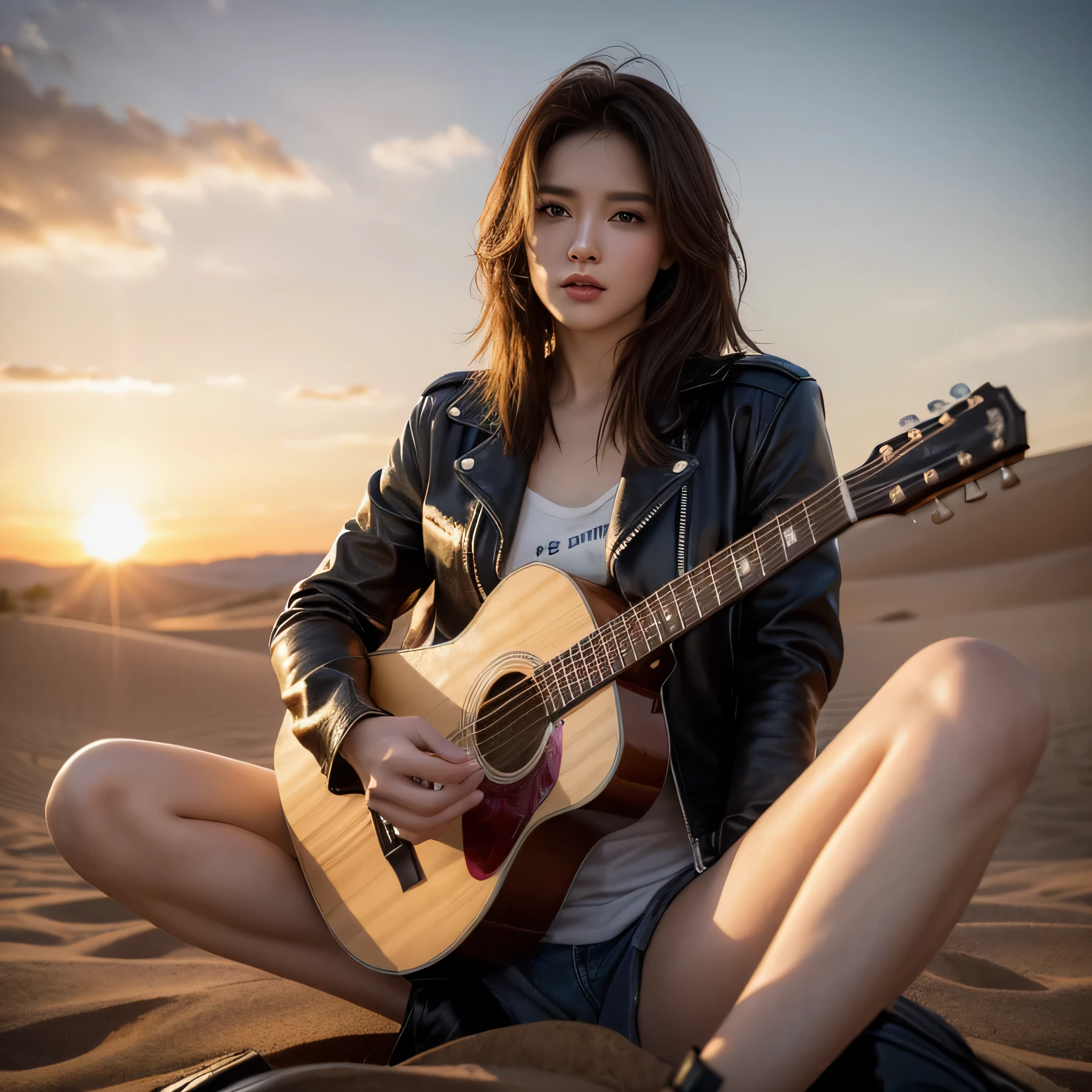 8k, top-quality, (pubic hair beauty)、hight resolution, lifelike, realperson, cinematic lighting soft lighting、A musician wearing a leather jacket is sitting and glaring at me.、a beauty girl、huge tit、beauty legs、guitar, sitting on a huge dessert dune valley at sunset,