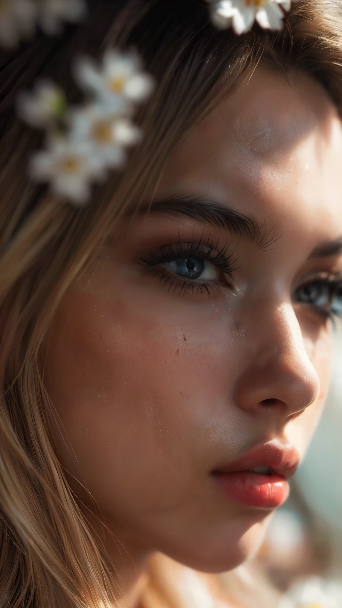 (((ultra-realistic))), (artistic realization), (Ultra-detailed face and eyes: 1.4), 1 girl full length, (blonde) , (naked) , (thick tousled hair), detailed eyes, (large detailed lips) , draw up, (Small natural breasts). (( there are a lot of sakura flowers around, Close-up, close to the camera)), Gloomy atmosphere of the frame, (ultra detailed)
