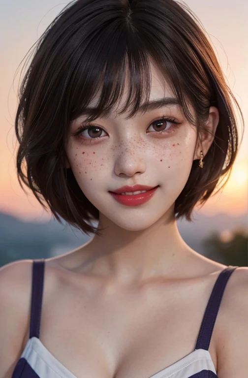 1 girl, 23 years old, south korean, idol, masterpiece, perfect face, soft skin, freckles under eyes, short whavy brown hair, bowlcut hair, shining bright purple eyes, red eyeliners, red lips, big smile, closed mouth, face feeling ecstasy, natural makeup, soft lighting, bright colors, sunset background, face focus, face closeup.