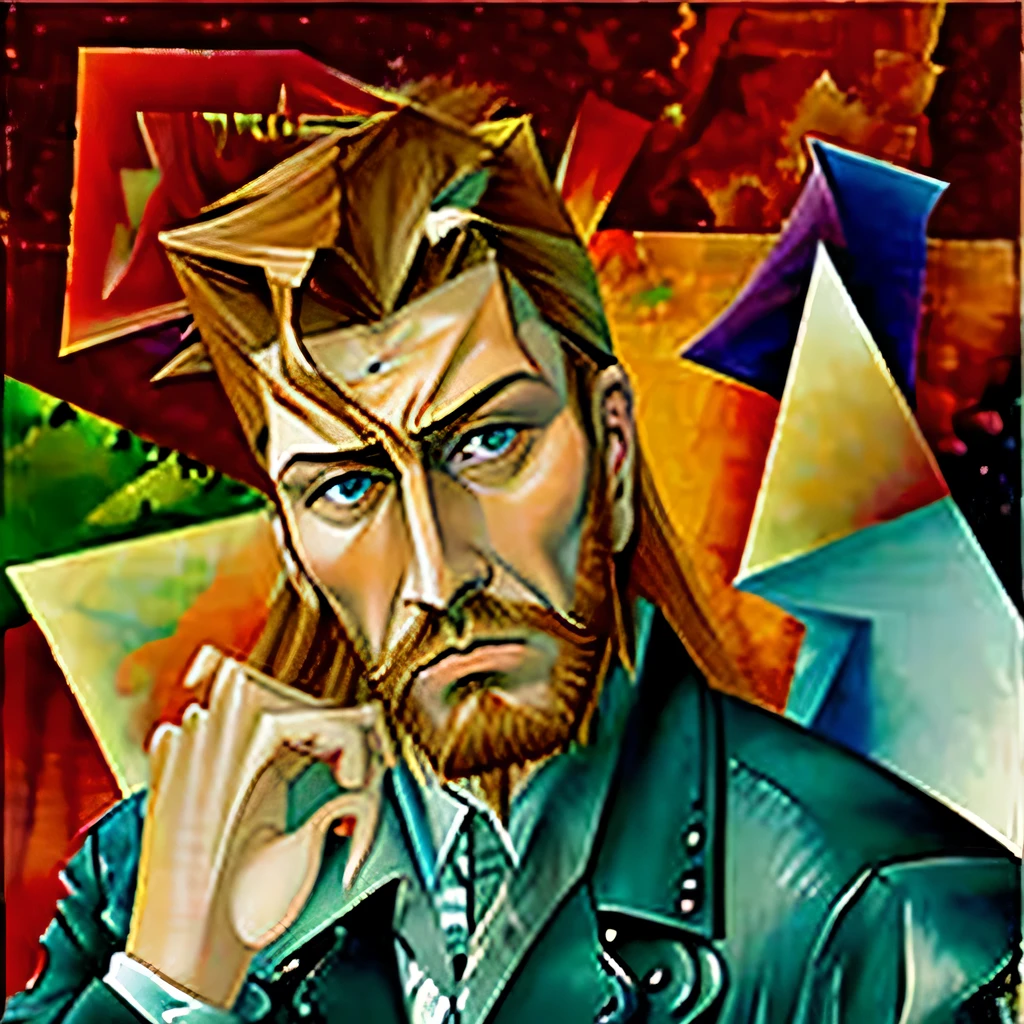 a man, shoulder length auburn hair, beard, leather jacket, okay hand gesture, intense expression, close-up, cubism