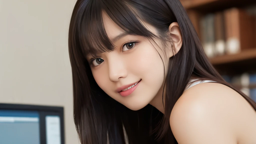(masterpiece:1.2,highest quality),((office)),((Photographed with an ultra-wide-angle single focus lens)),depict the upper body,1 young woman,((Recruitment suits)),Black wavy hair,((Fine and beautiful eyes)),blushed,Healthy Skin,(smile),8k resolution