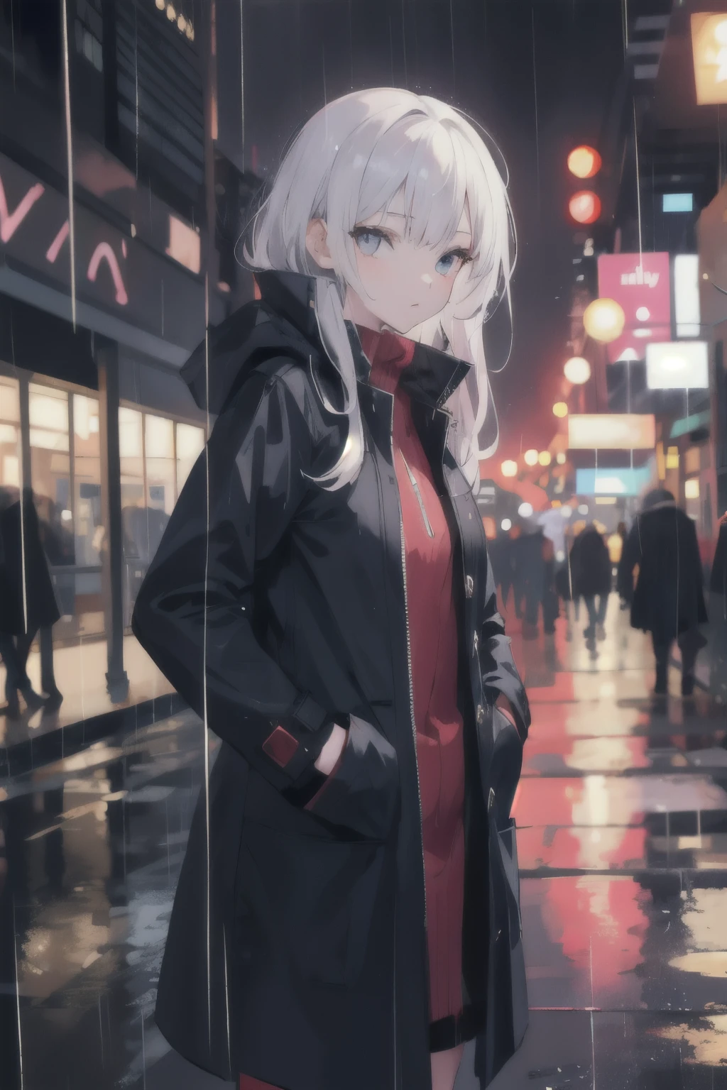 1 Girl,of the night city,rain,coat,Hands in pockets