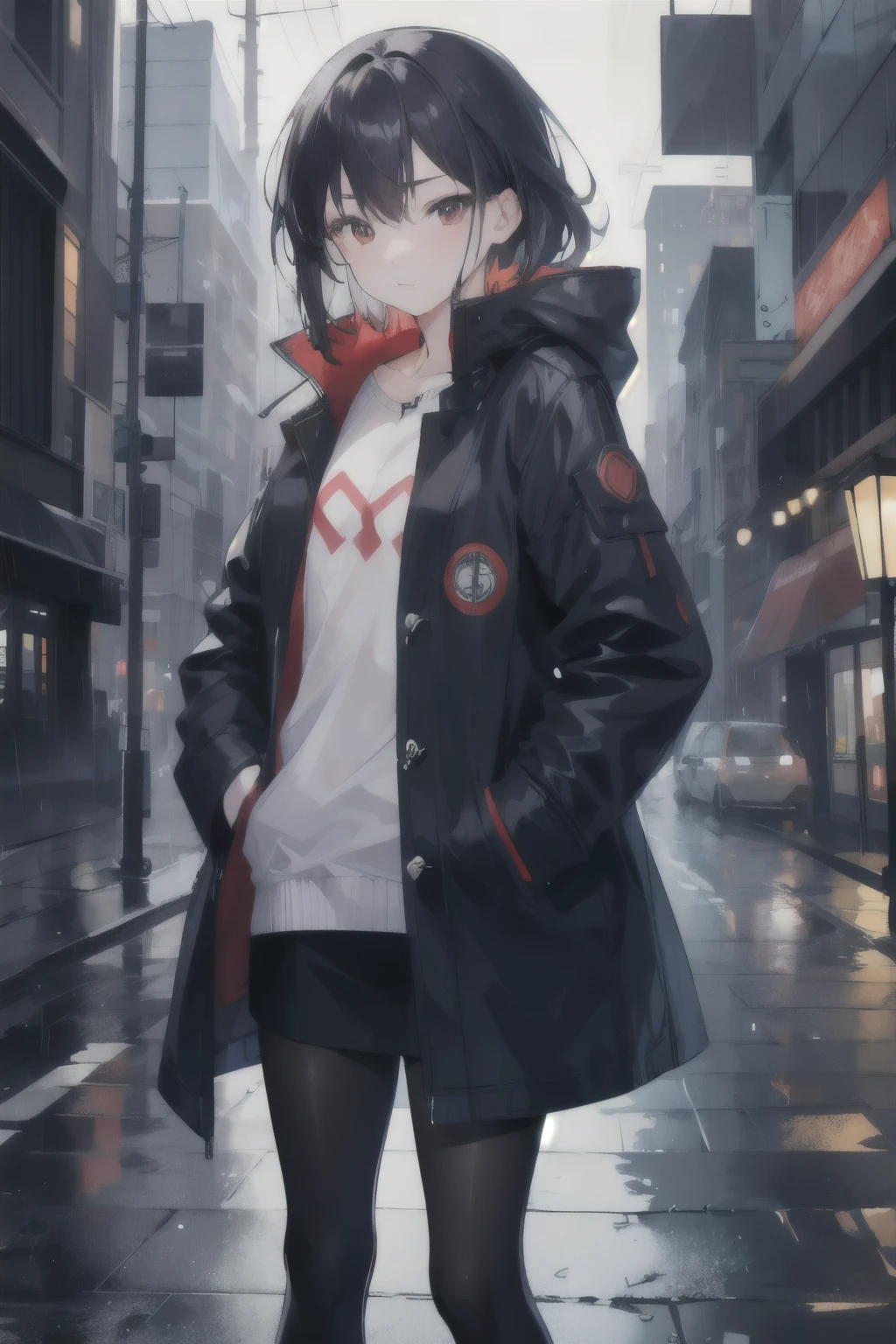 1 Girl,of the night city,rain,coat,Hands in pockets