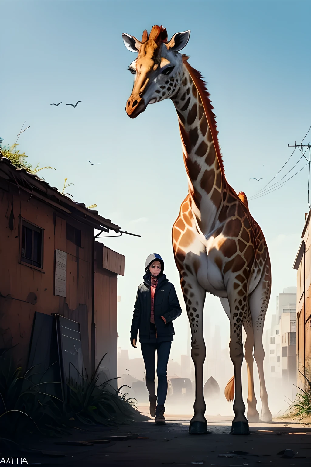 mejor calidad,16K ultra claro, young giraffe ,mitad, jirafa, animal, vestuario futurista,futurista, estilo urbano, post apocalyptic, psicodelico.