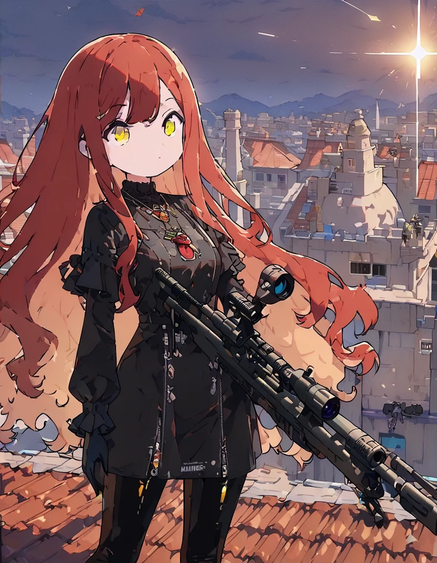 2D, masterpiece, highest quality, anime, 非常にdetailedな顔, 非常にdetailedな目, 非常にdetailedな背景, Perfect lighting, One girl, alone, whole body, うつ伏せでsniper rifleを構える, Latex Legwear, Cool black outfit, Redhead, Amulets、Outdoor、Rooftop、(sniper rifle、Sniper at a distance) 、(highest quality、masterpiece、High resolution、detailed)、animeスタイル、Flat Style、(Shining Eyes、detailed美しい顔),  BREAK,1 girl、extremely detailed(The Shining), Best lighting, Best Shadow、High saturation、Dynamic Angle、anime