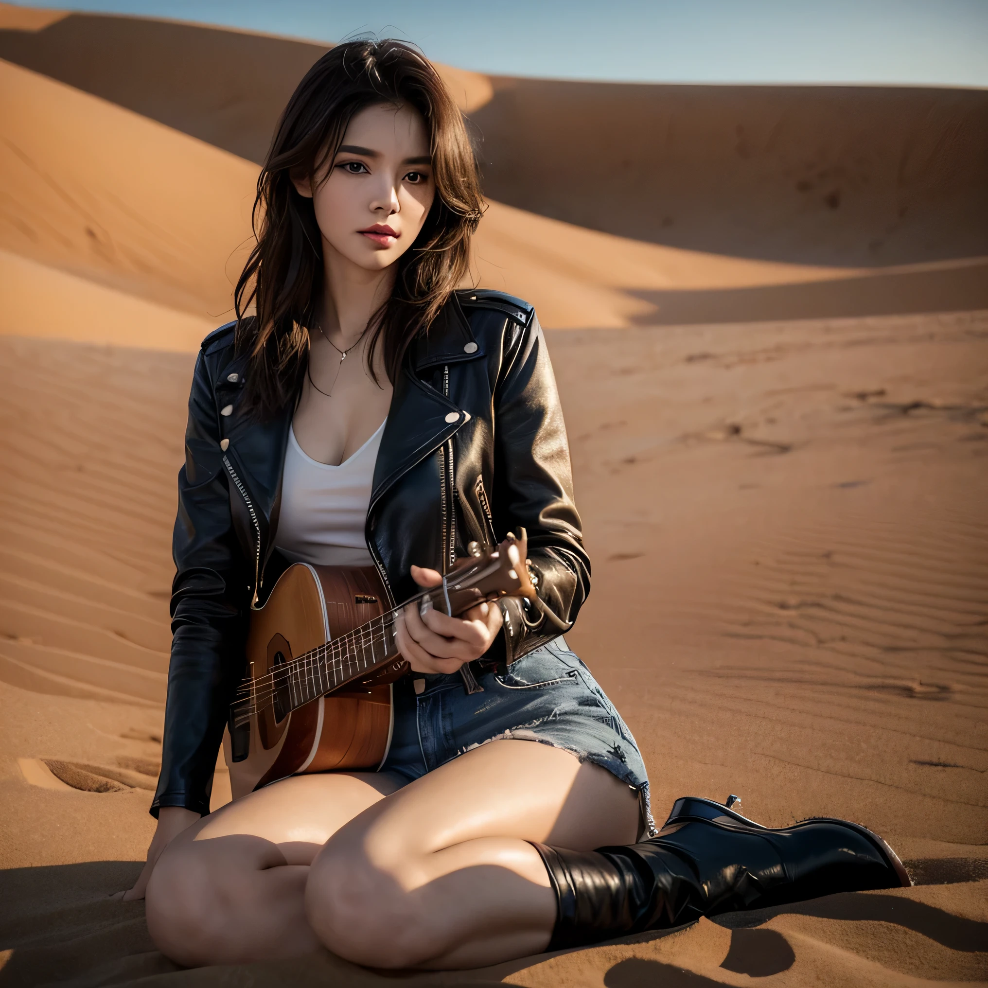 8k, top-quality, (pubic hair beauty)、hight resolution, lifelike, realperson, cinematic lighting soft lighting、A musician wearing a leather jacket is sitting and glaring at me.、a beauty girl、huge tit、beauty legs、guitar, sitting on a huge dessert dune valley at sunset,