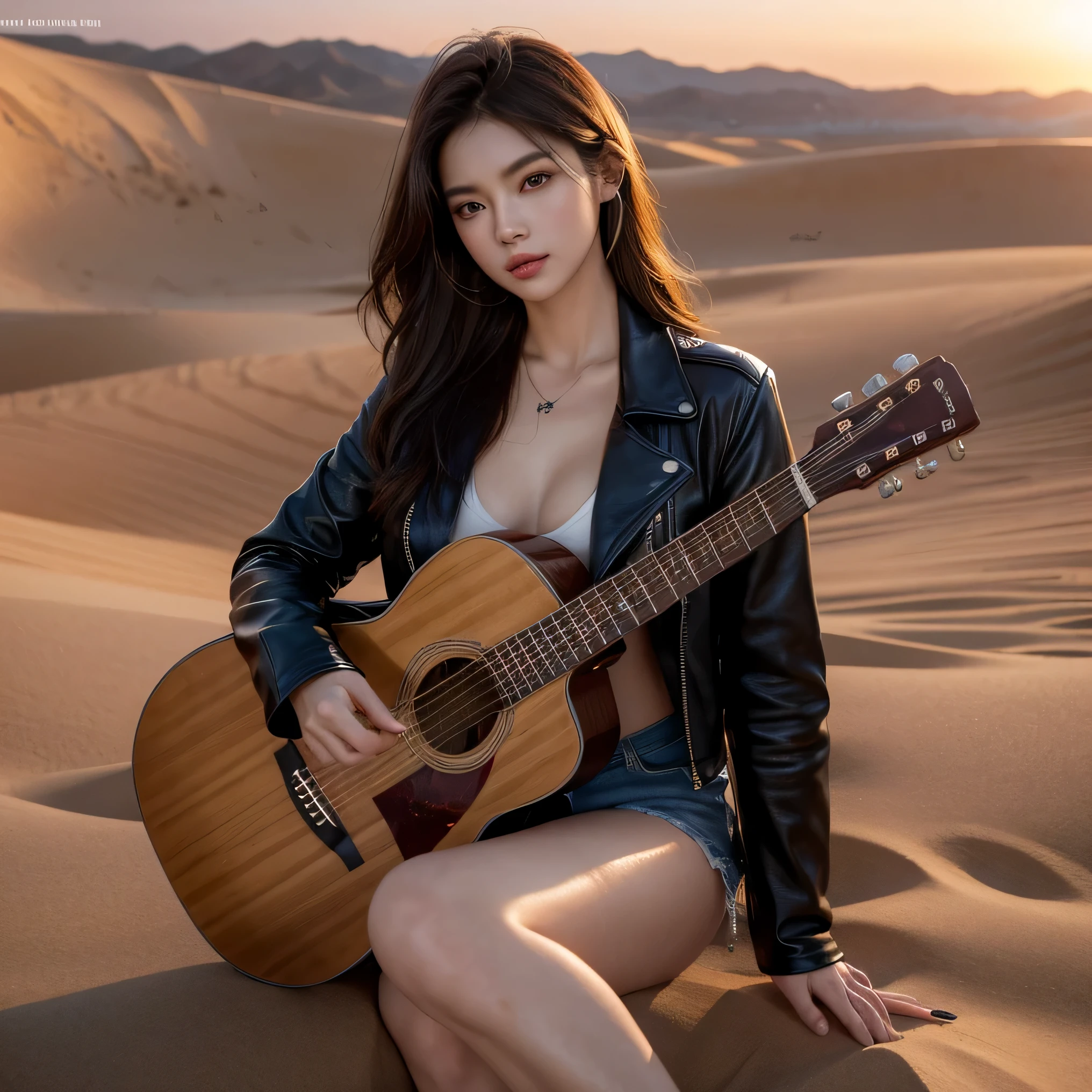 8k, top-quality, （pubic hair beauty）、hight resolution, lifelike, realperson, cinematic lighting soft lighting、A musician wearing a leather jacket is sitting and glaring at me.、a beauty girl、huge tit、beauty legs、guitar, sitting on a huge dessert dune valley at sunset,