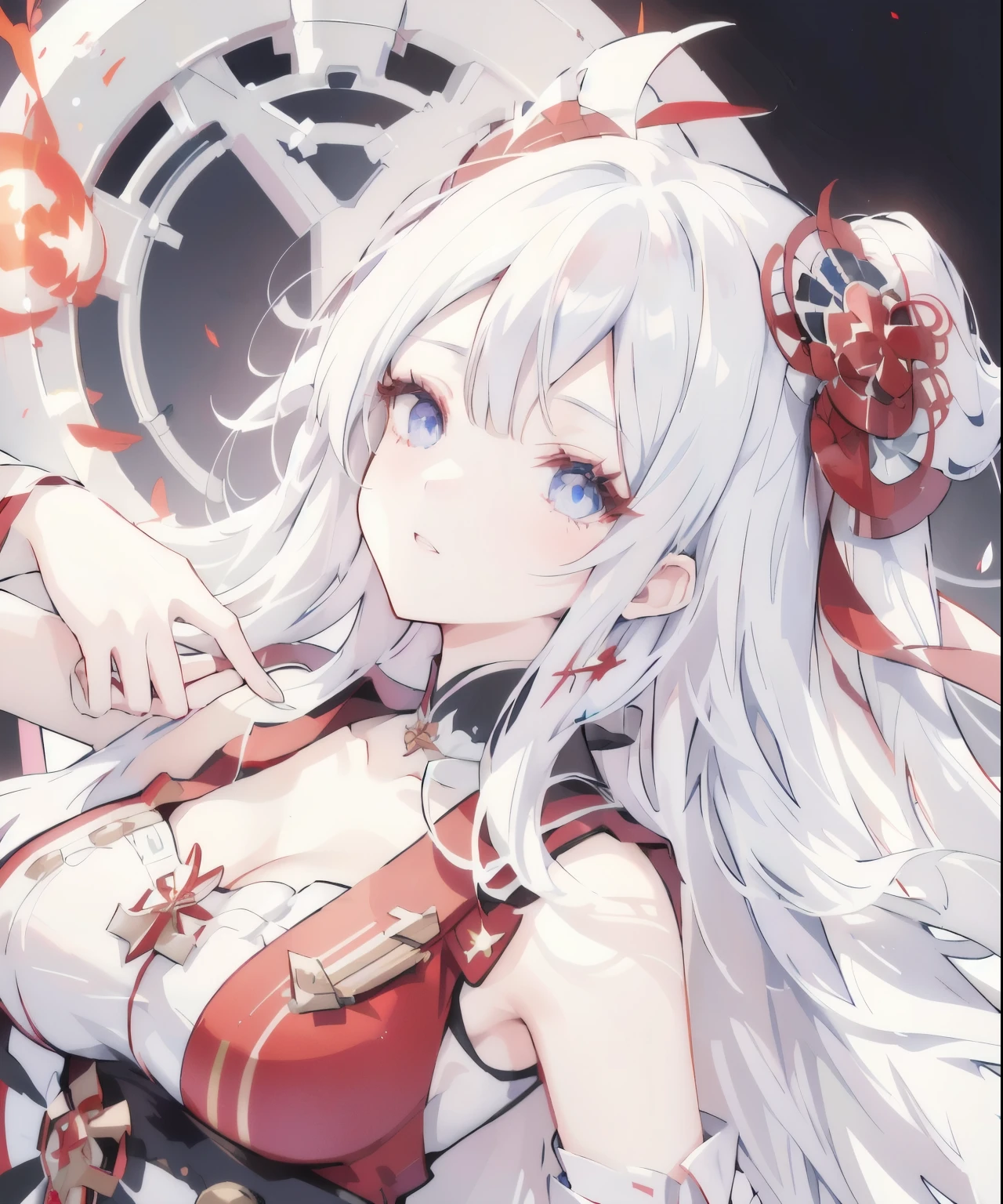 anime girl with white hair and red dress posing for a picture, blue eyes, white haired deity, ayaka genshin impact, edelgard fire emblem, characters from azur lane, ayaka game genshin impact, edelgard from fire emblem, cushart krenz key art feminine, shalltear bloodfallen, azur lane style, from the azur lane videogame