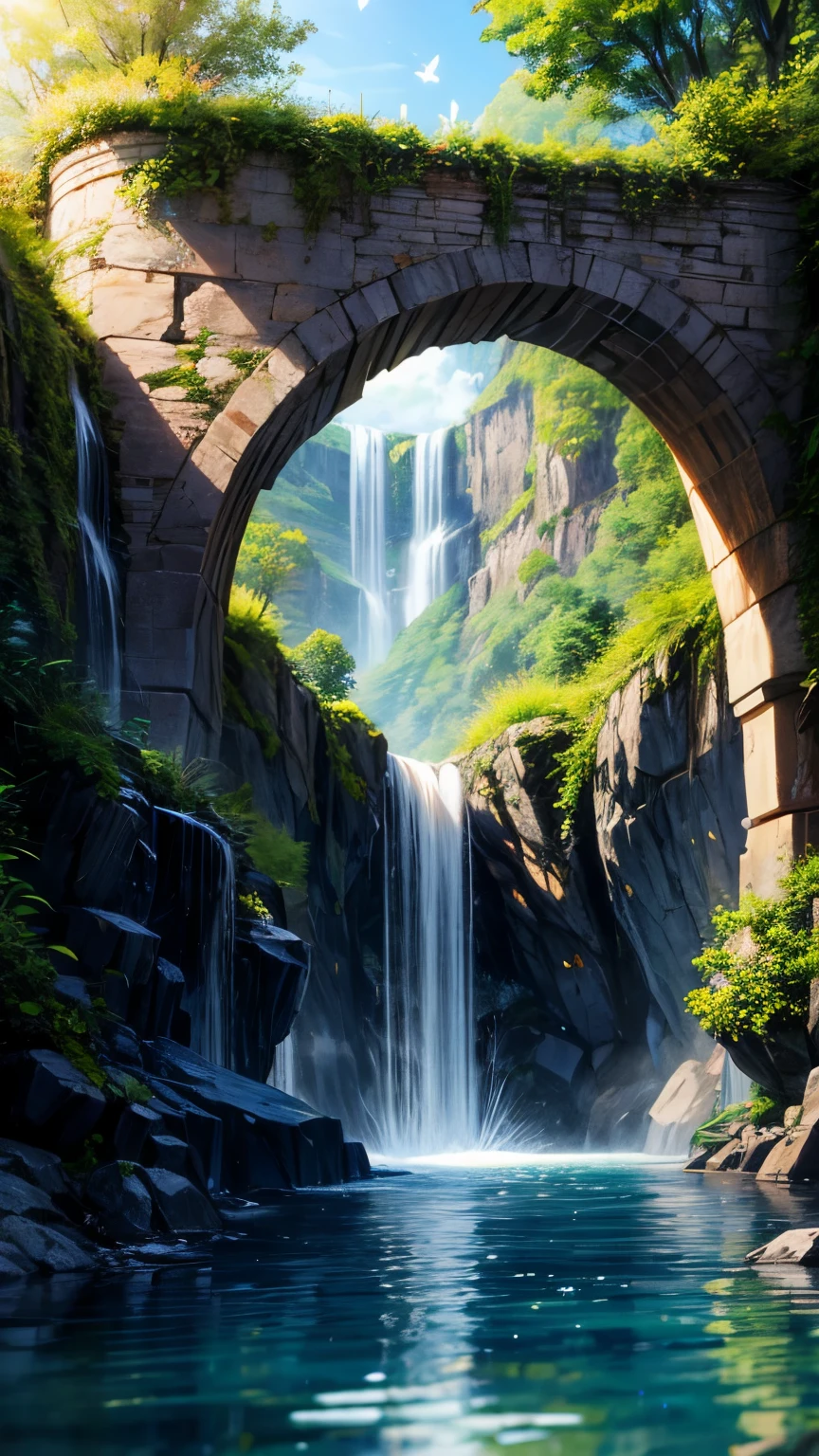 an anime-style interpretation of a stunning landscape where a cascading waterfall tumbles down into a crystal-clear pool below. Towering cliffs covered in vibrant greenery surround the waterfall, creating a natural amphitheater of beauty. Sunlight breaks through the canopy above, casting a warm glow on the scene. Butterflies flit among the flowers, adding to the enchanting atmosphere of this joyful nature sanctuary