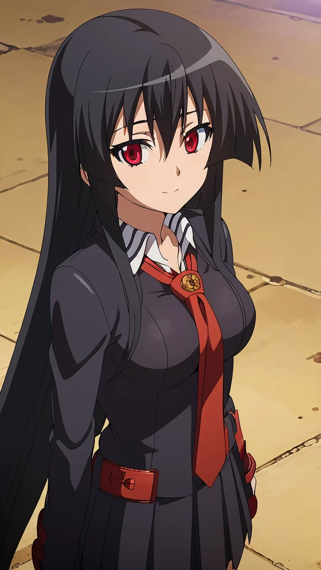 ((Master piece , best quality)) ,anime art style, perfect face, perfect eyes,(( 1girl,solo)), Akame,black hair, between eyes hair ,((very long hair)) , red eyes , looking at me ,smiling , blushing ,(((school girl outfit )))