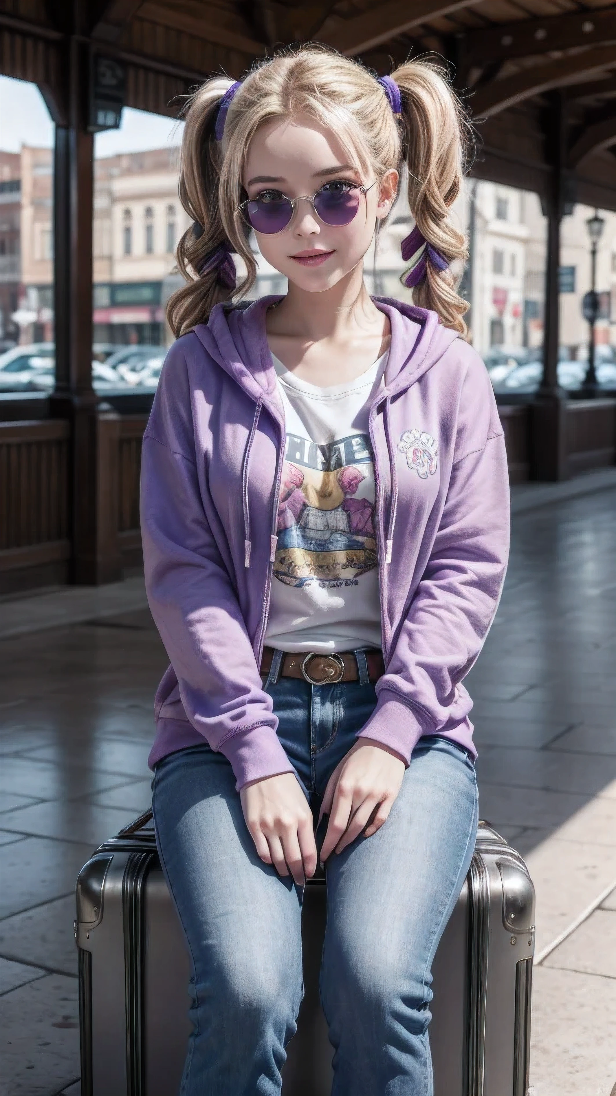 Fantasy, a young Harley Quinn happy to go on vacation, with pretty purple eyes with big eyelashes, dressed in jeans, purple hoodie and flowery sneakers, sunglasses on head, ruffled purple pigtails, sitting on a large vintage suitcase. The suitcase features metal corners, buckles and locks, enhancing its antique look. labels on the suitcase of all countries. The background the holiday theme with elements of a train station concourse. Sketch pen. Sampler: DPM++ 2M Turbo, CFG scale: 1, Clip skip: 2, Mask blur: 4, Model hash: d50bfd647c, Hires steps: 10, Inpaint area: Only masked, Hires upscale: 1.5, Hires upscaler: 4x_NMKD-Superscale-SP_178000_G, ADetailer model: face_yolov8n.