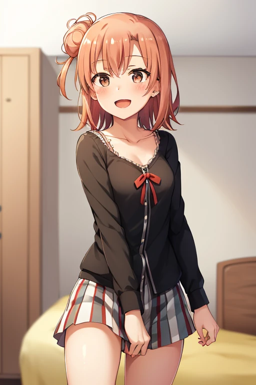 ((highest quality)), ((masterpiece)), (be familiar with), Perfect Face, indoor, Bedroom, Watching the audience,
One woman, Yuigahama Yui,
Open Mouth, Ecstatic expression, blush, smile,
Small breasts, Flat Chest, Young Girl, , , Girl,
Short Hair, Salmon-colored hair, Salmon-colored eyes, Side Pony,
Leg spread,