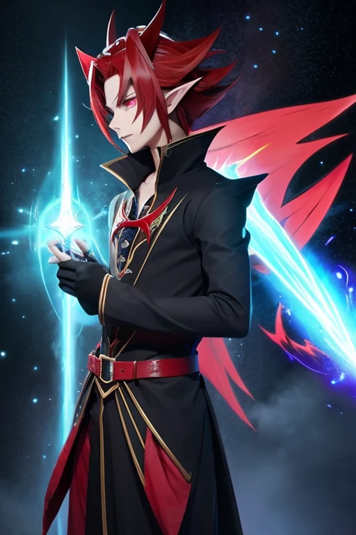 ・Handsome　·devil　·Jet-black wings　・Dark Wizard　·cool　- Dark aura　·battle　Magic wand　Red hair　·devilの角　- Elf ears　·male　・Anime style