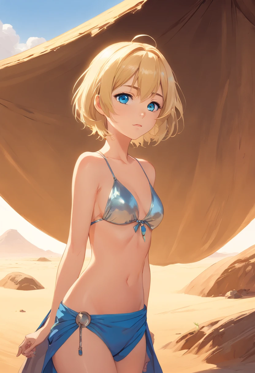 Women, ((Blonde)), ((Blue eyes)), ((Short hair)), ((Full Body)), in Jabba the Hut tatooine cell, using a metalic bikini costume with cape