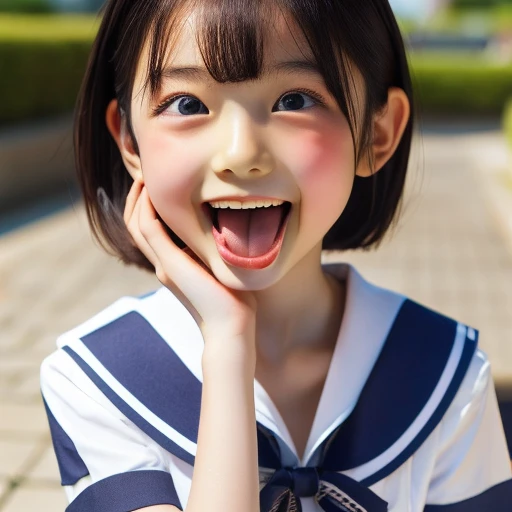Japanese,,Short Bob,look up,Please open your mouth wide,Sticking out tongue,Showing tongue,cute,Summer sailor uniform,Landscape,Face close-up