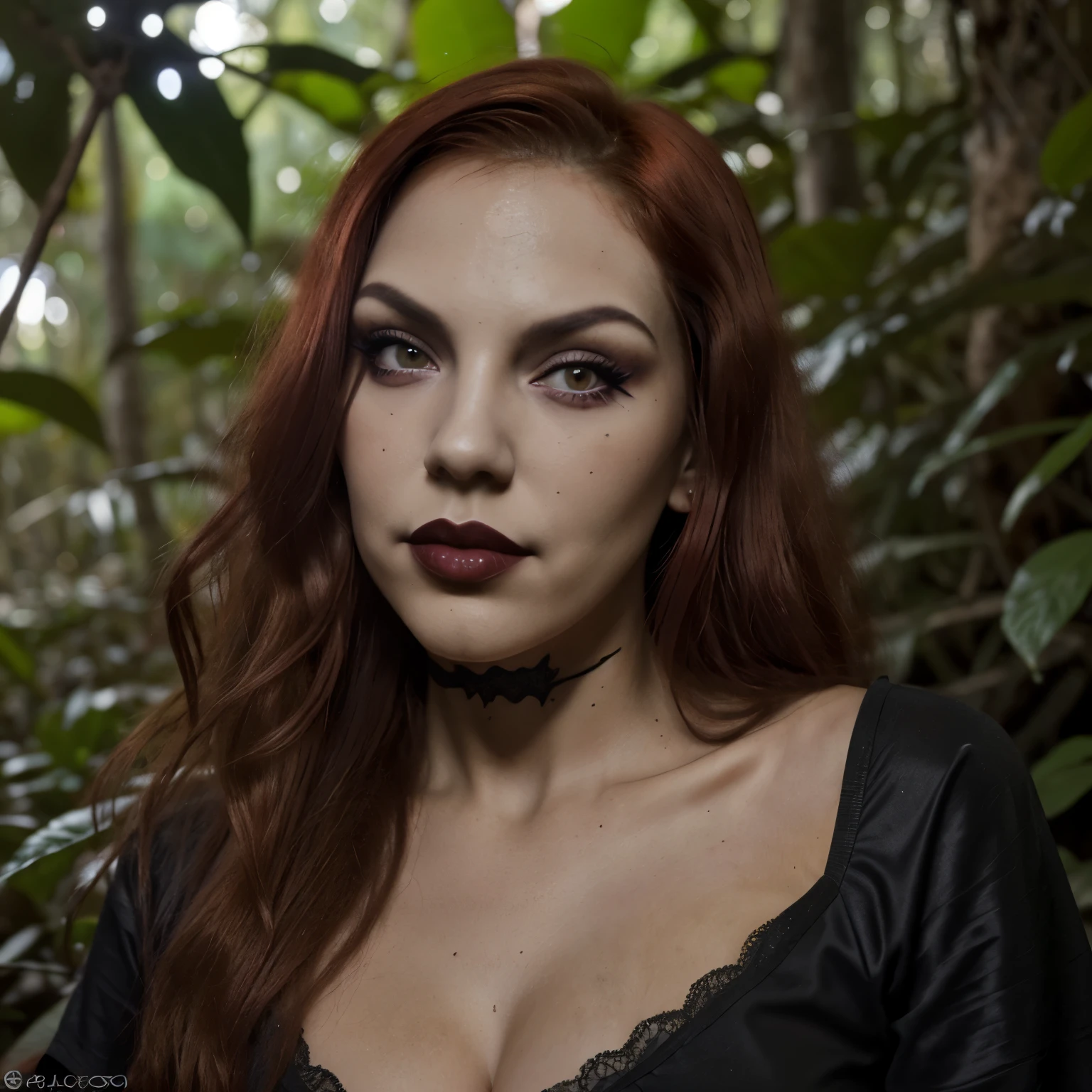 Chica realista, belleza, vampira, pelo lacio color cobre, ojos rojos, mirada seductora, en la selva, ambiente oscuro