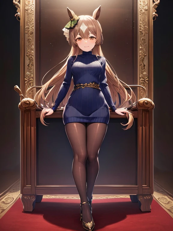 Satono Diamond\(umamusume\), highest quality、masterpiece、Ultra-high resolution、
Five Fingers, Perfect Face, Beautiful fine details, Beautiful body, Beautiful thighs, Beautiful feet, White beautiful skin,
(Dark blue high neck sweater dress、Black Pantyhose、(Black High Heels))、
smile、Face towards the viewer、可愛い顔と魅惑的なsmile、(whole body、Are standing)