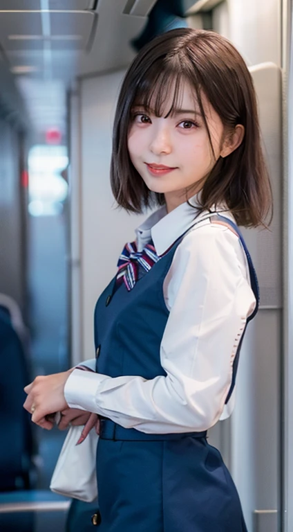 ((((Whole body 1.4)))),Body facing the viewer、Front shot,Small breasts、Are standing、highest quality, 8k, 15-year-old student, , RAW Photos, Absurd, Award-winning portraits, mouth, alone, night, neon, Idol'Face, Viola Lace, Gardenia, Delicate girl, Digital single-lens reflex camera, Looking at the audience, Frank, Sophisticated, Zola々right, Thin arms, Professional Lighting, Film Grain, chromatic aberration, (Eye and facial details:1.0), (Bokeh:1.1) , ,short hair、Cabin Attendant Costume,Cabin attendant uniform mini skirt,Inside the plane