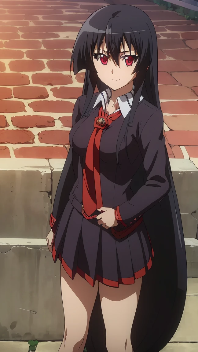 ((Master piece , best quality)) ,anime art style, perfect face, perfect eyes,(( 1girl,solo)), Akame,black hair, between eyes hair ,((very long hair)) , red eyes , looking at me ,smiling , blushing ,(((school girl outfit )))