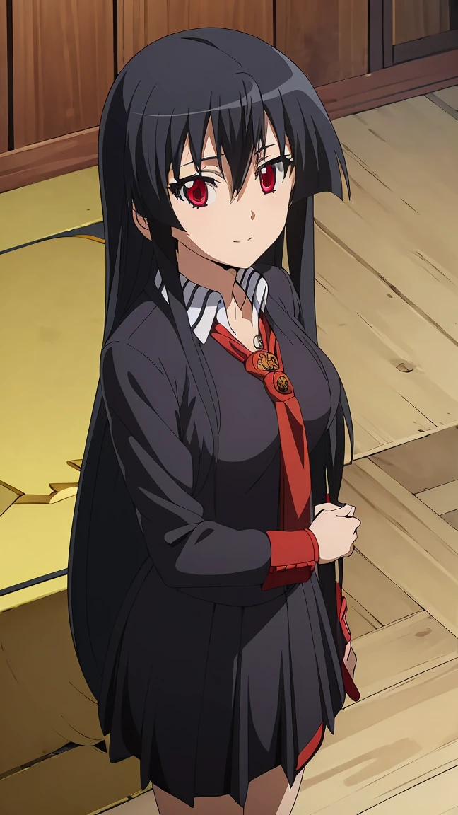 ((Master piece , best quality)) ,anime art style, perfect face, perfect eyes,(( 1girl,solo)), Akame,black hair, between eyes hair ,((very long hair)) , red eyes , looking at me ,smiling , blushing ,(((school girl outfit )))