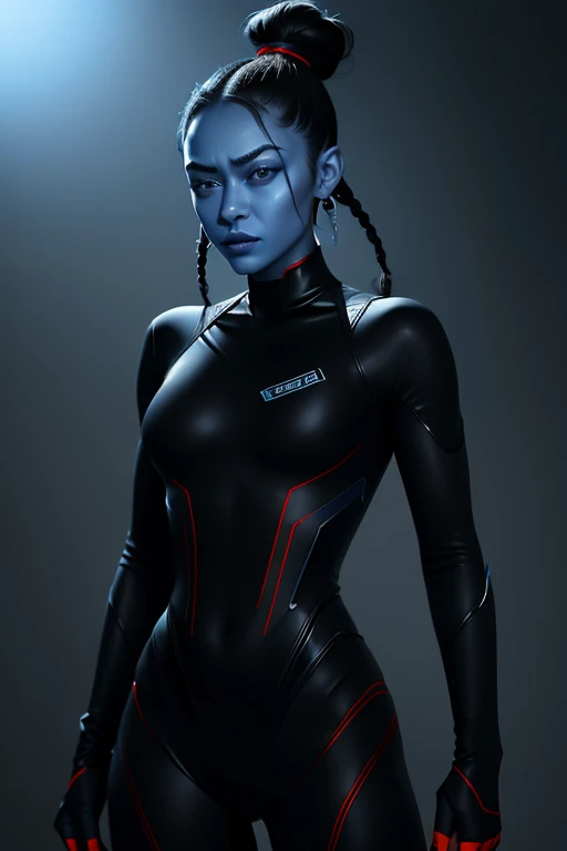 (blue skin), (Saoirse Ronan), (Zendaya), (Asari), shirt, (black hair), (cornrow bun), (cornrows), illustration, ((blue lips)), (blue face), (((black tight suit))), ((black tactical suit)), ((((red accent suit)))), (black catsuit)