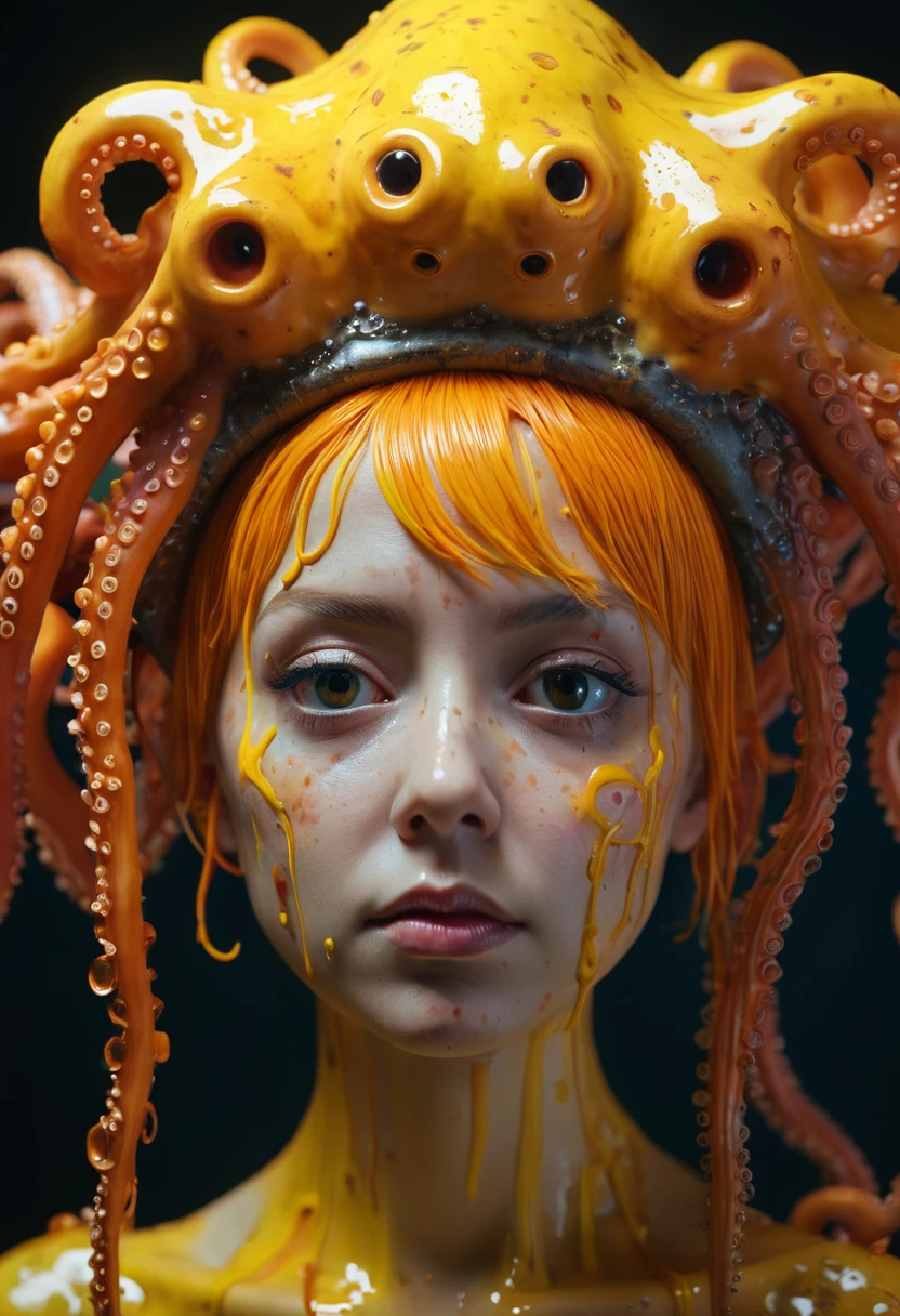 8K, ARTISTIC photogrAphy, best quAlity, mAsterpiece: 1.2), A (potrAit:1.2) witch BLOOD Toon Doll Cthulhu QUEEN, ORANGE many octopus style tentacles, full body RAW candid cinema, yellow hair, 16mm, color graded portra 400 film, remarkable color, ultra realistic, sad admosphere, dark lighting, oppressive atmosphere, depressive colors, kodak portra 400, photograph,r, Natural Light, Pinhead lighgts, blur reflection, Brush Strokes, Smooth, abstract, Splatter, Oil On Canvas, rainbow colors, fractal isometrics details bioluminescens : a stunning realistic photograph of wet bone structure, 3d render, octane render, intricately detailed, titanium decorative headdress, cinematic, trending on artstation | Isometric | Centered