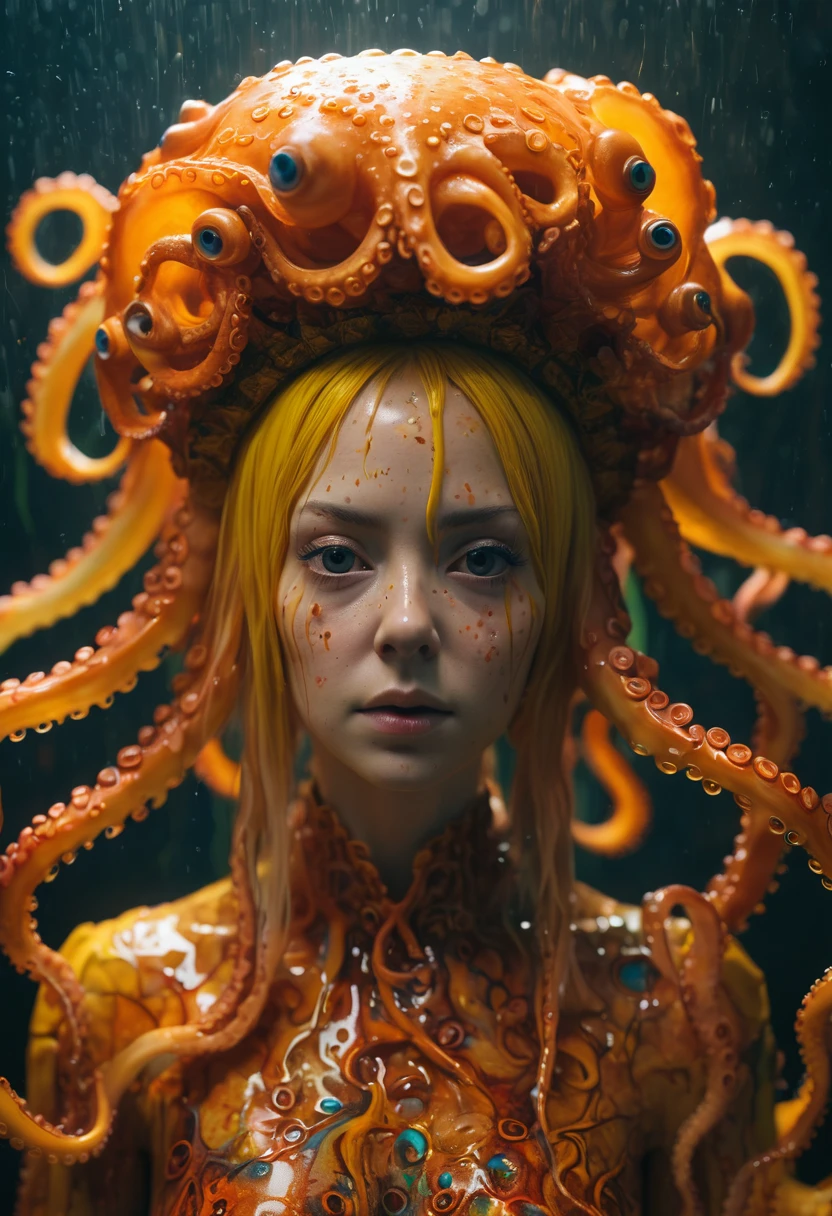 8K, ARTISTIC photogrAphy, best quAlity, mAsterpiece: 1.2), A (potrAit:1.2) witch BLOOD Toon Doll Cthulhu QUEEN, ORANGE many octopus style tentacles, full body RAW candid cinema, yellow hair, 16mm, color graded portra 400 film, remarkable color, ultra realistic, sad admosphere, dark lighting, oppressive atmosphere, depressive colors, kodak portra 400, photograph,r, Natural Light, Pinhead lighgts, blur reflection, Brush Strokes, Smooth, abstract, Splatter, Oil On Canvas, rainbow colors, fractal isometrics details bioluminescens : a stunning realistic photograph of wet bone structure, 3d render, octane render, intricately detailed, titanium decorative headdress, cinematic, trending on artstation | Isometric | Centered