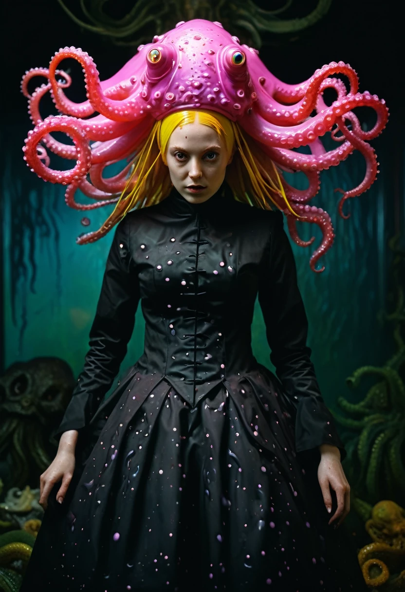 8K, ARTISTIC photogrAphy, best quAlity, mAsterpiece: 1.2), A (potrAit:1.2)  witch BLOOD Toon Doll Cthulhu nun QUEEN, EYES, PINK many octopus style tentacles, full body RAW candid cinema, yellow hair, 16mm, color graded portra 400 film, remarkable color, ultra realistic, sad admosphere, dark lighting, oppressive atmosphere, depressive colors, kodak portra 400, photograph,r, Natural Light, Pinhead lighgts, blur reflection, Brush Strokes, Smooth, abstract, Splatter, Oil On Canvas, rainbow colors, fractal isometrics details bioluminescens : a stunning realistic photograph of wet bone structure, 3d render, octane render, intricately detailed, titanium decorative headdress, cinematic, trending on artstation | Isometric | Centered