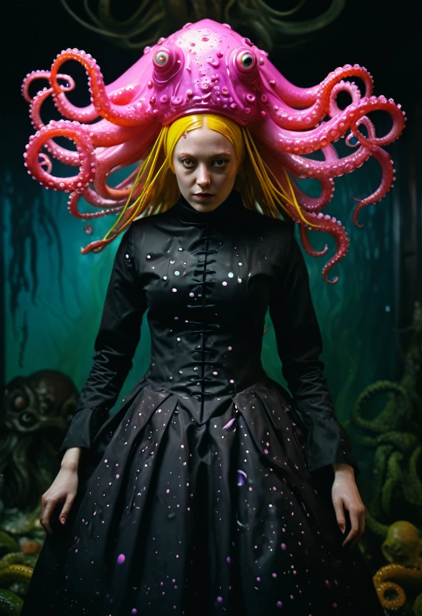 8K, ARTISTIC photogrAphy, best quAlity, mAsterpiece: 1.2), A (potrAit:1.2)  witch BLOOD Toon Doll Cthulhu nun QUEEN, EYES, PINK many octopus style tentacles, full body RAW candid cinema, yellow hair, 16mm, color graded portra 400 film, remarkable color, ultra realistic, sad admosphere, dark lighting, oppressive atmosphere, depressive colors, kodak portra 400, photograph,r, Natural Light, Pinhead lighgts, blur reflection, Brush Strokes, Smooth, abstract, Splatter, Oil On Canvas, rainbow colors, fractal isometrics details bioluminescens : a stunning realistic photograph of wet bone structure, 3d render, octane render, intricately detailed, titanium decorative headdress, cinematic, trending on artstation | Isometric | Centered