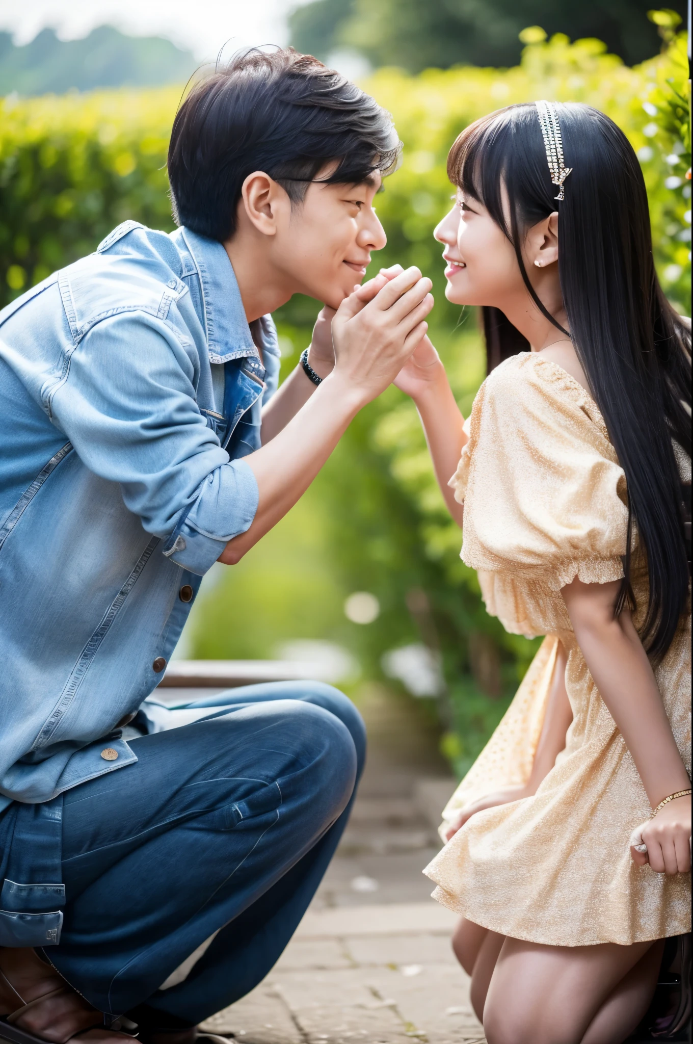 A 70-year-old man, 175 cm tall、A cute 20-year-old girl, 150cm tall、The girl looks young and cute like a 15-year-old idol.、Women wear cute clothes like girls. A woman is kissing a 70-year-old man、RAW Photos、Genuine、Real、High resolution、Life、No copyright notice