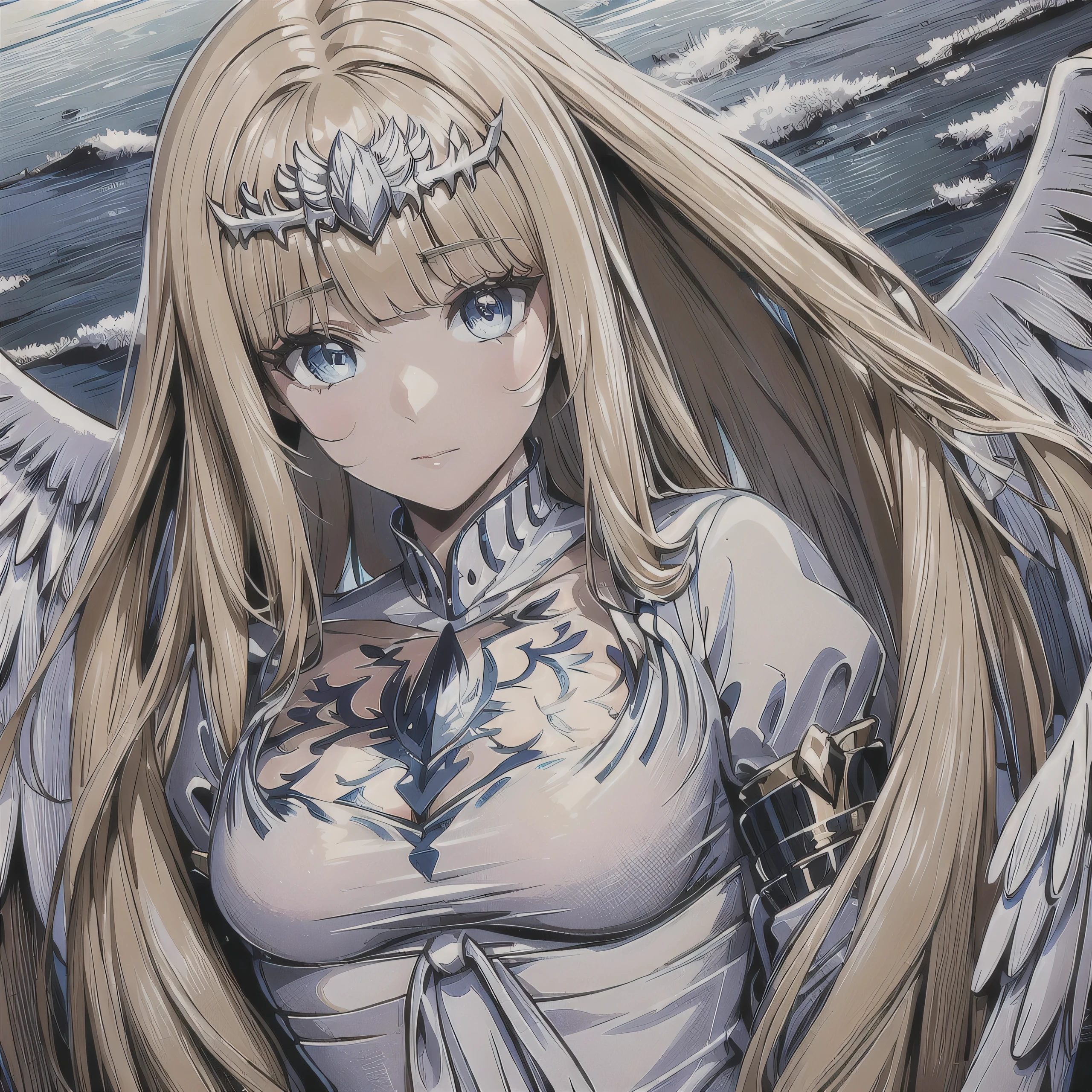 Masterpiece, best quality, official art, beautiful, lively texture, unique visuals, Magnificent details, cg.Very detailed, solidarity cooperation, 8K Wallpapers, Extremely beautiful Eyes, best quality, details first, very delicate, High quality, 1 girl,alone, Calcutta, Calcutta Bessarez, angel wings, very large white wings, blonde hair, My hair is very long., My hair is very long., white crown, silver tiara, white tiara, white dress, blue eyes, Medium breast, large wings, feature wings